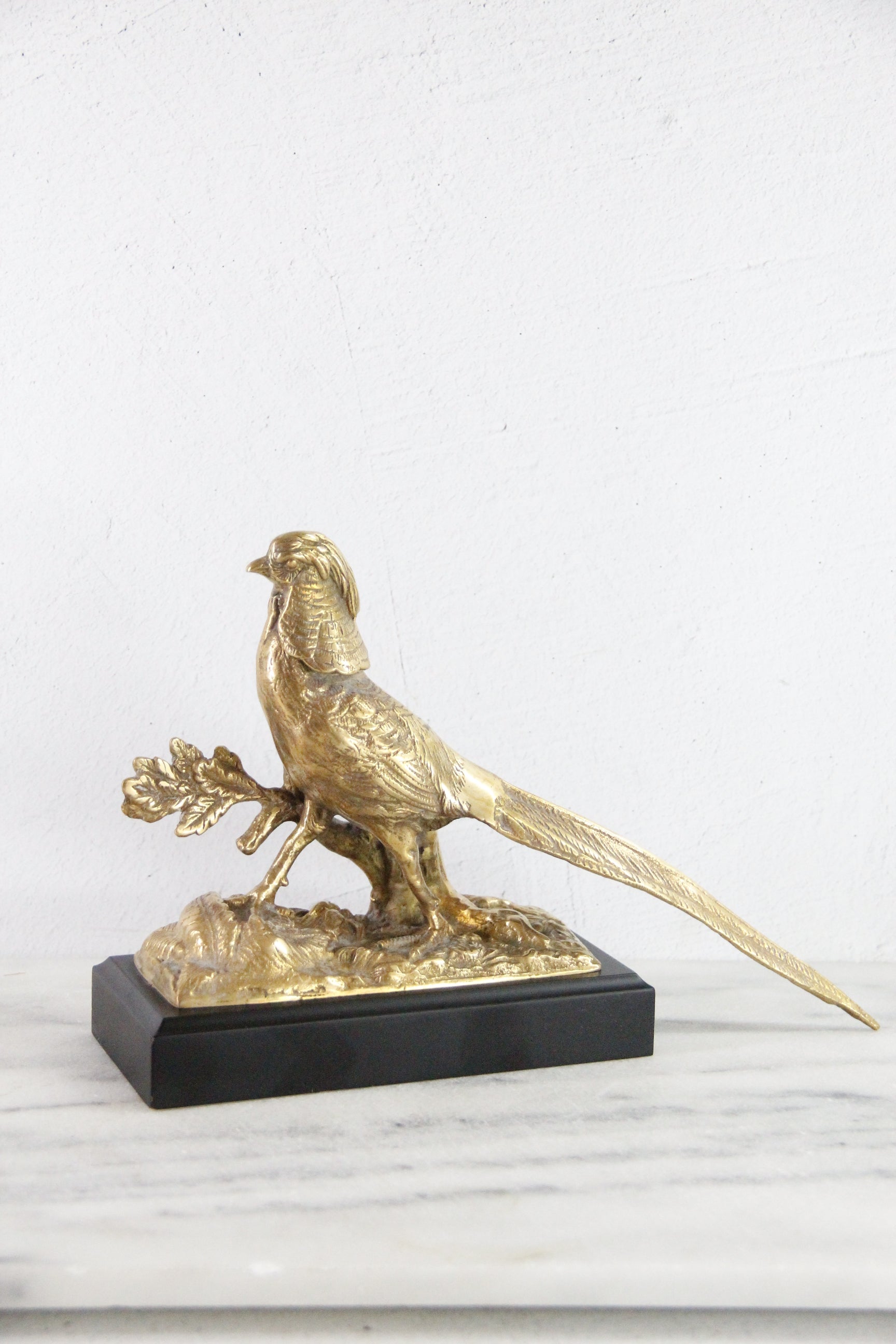 Brass Pheasant | Vintage Statue Mounted On Wood Base