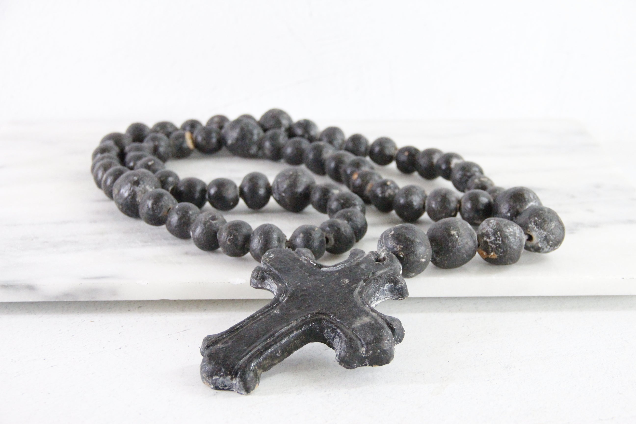 Clay Rosary | Large Vintage Hand Made Pottery Cross & Beads