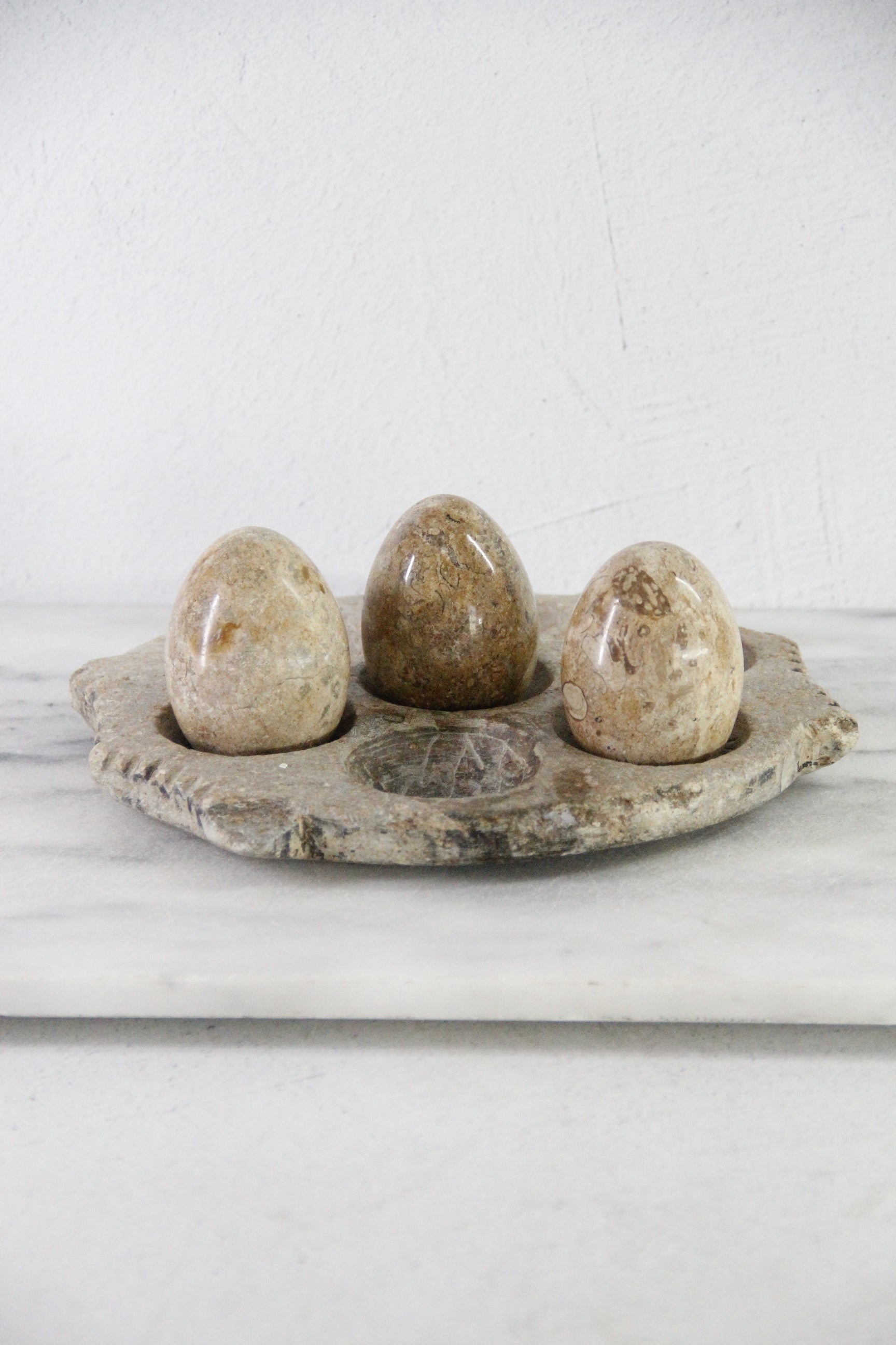Vintage Stone Eggs | Set of 3 Natural Carved
