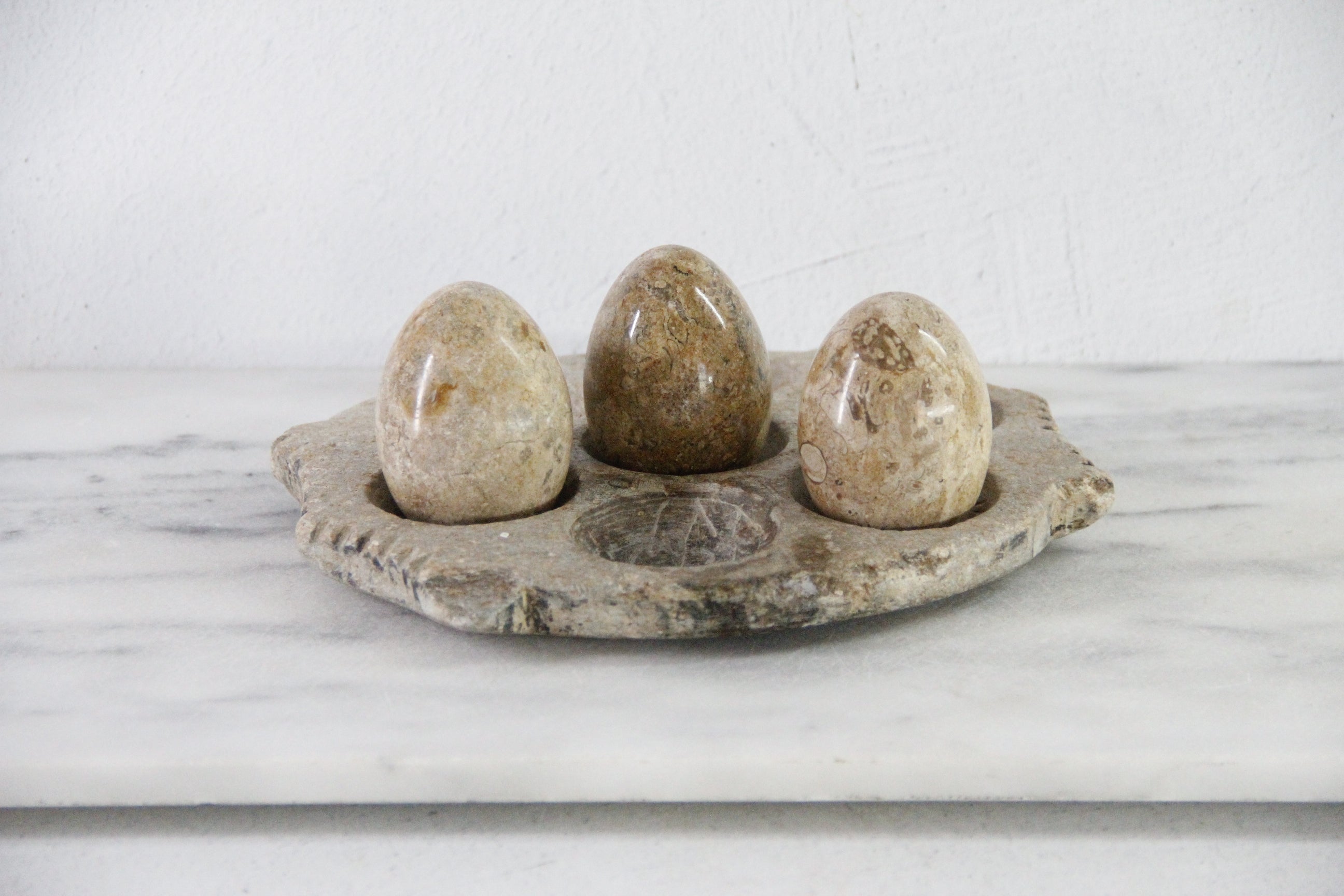 Vintage Stone Eggs | Set of 3 Natural Carved