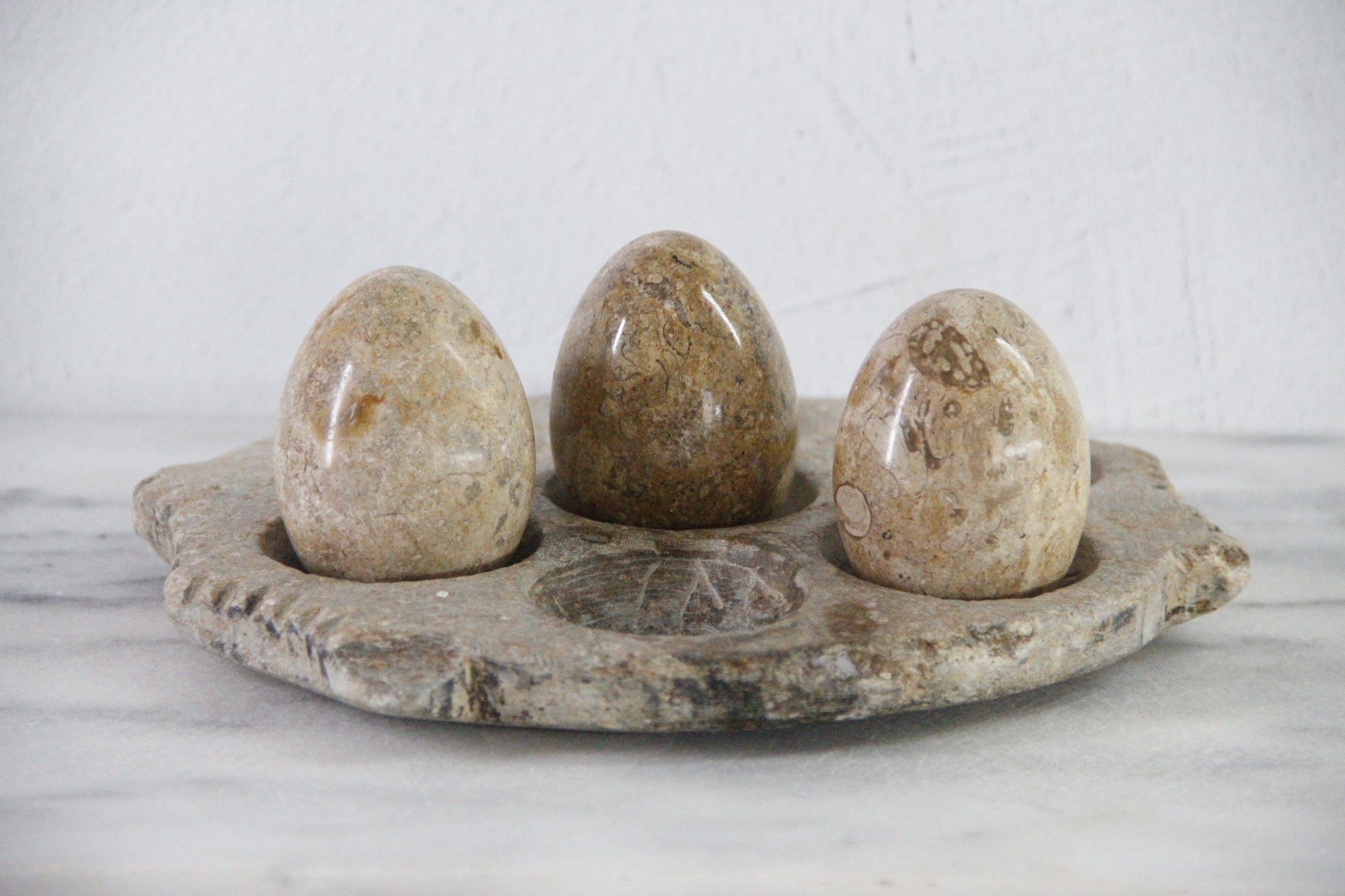 Vintage Stone Eggs | Set of 3 Natural Carved