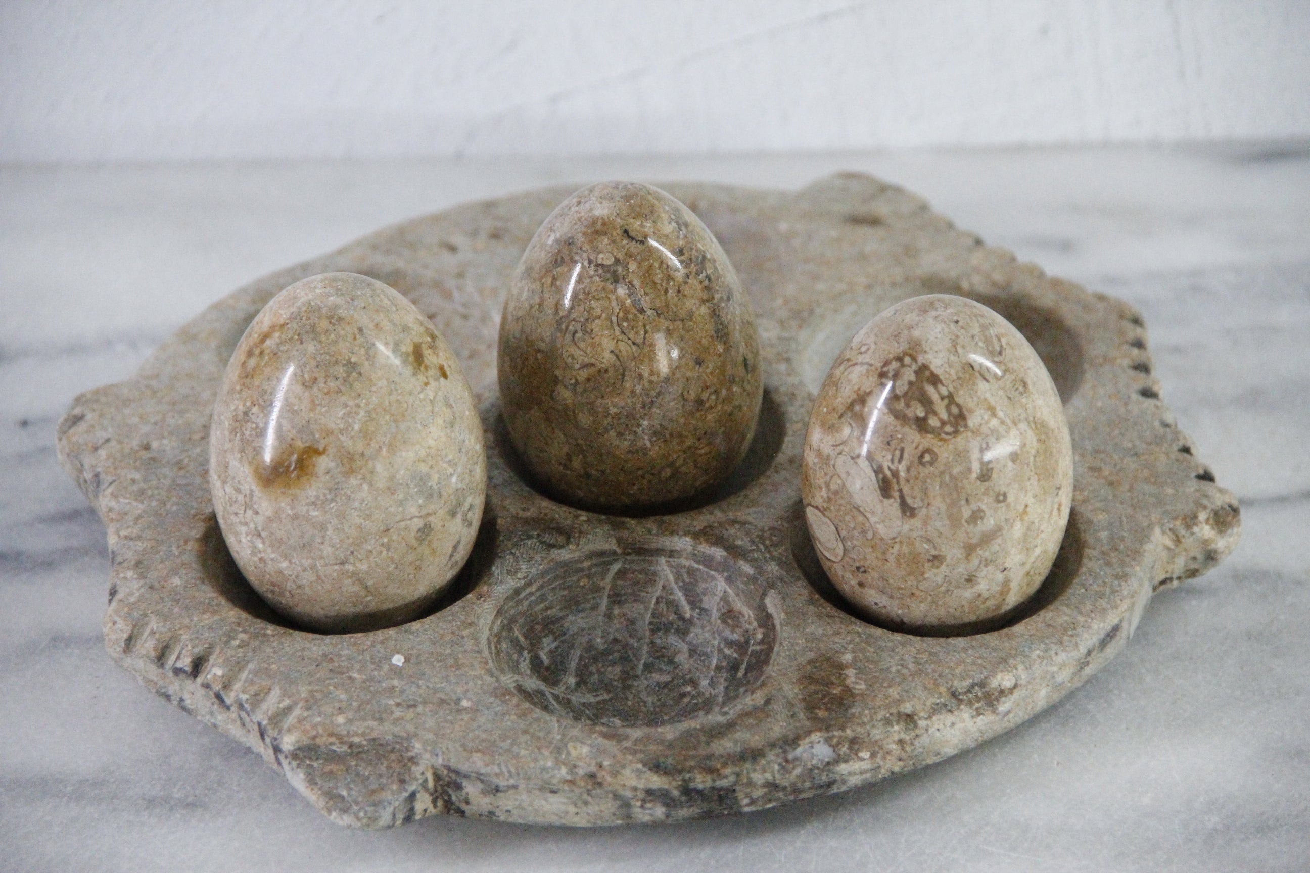 Vintage Stone Eggs | Set of 3 Natural Carved