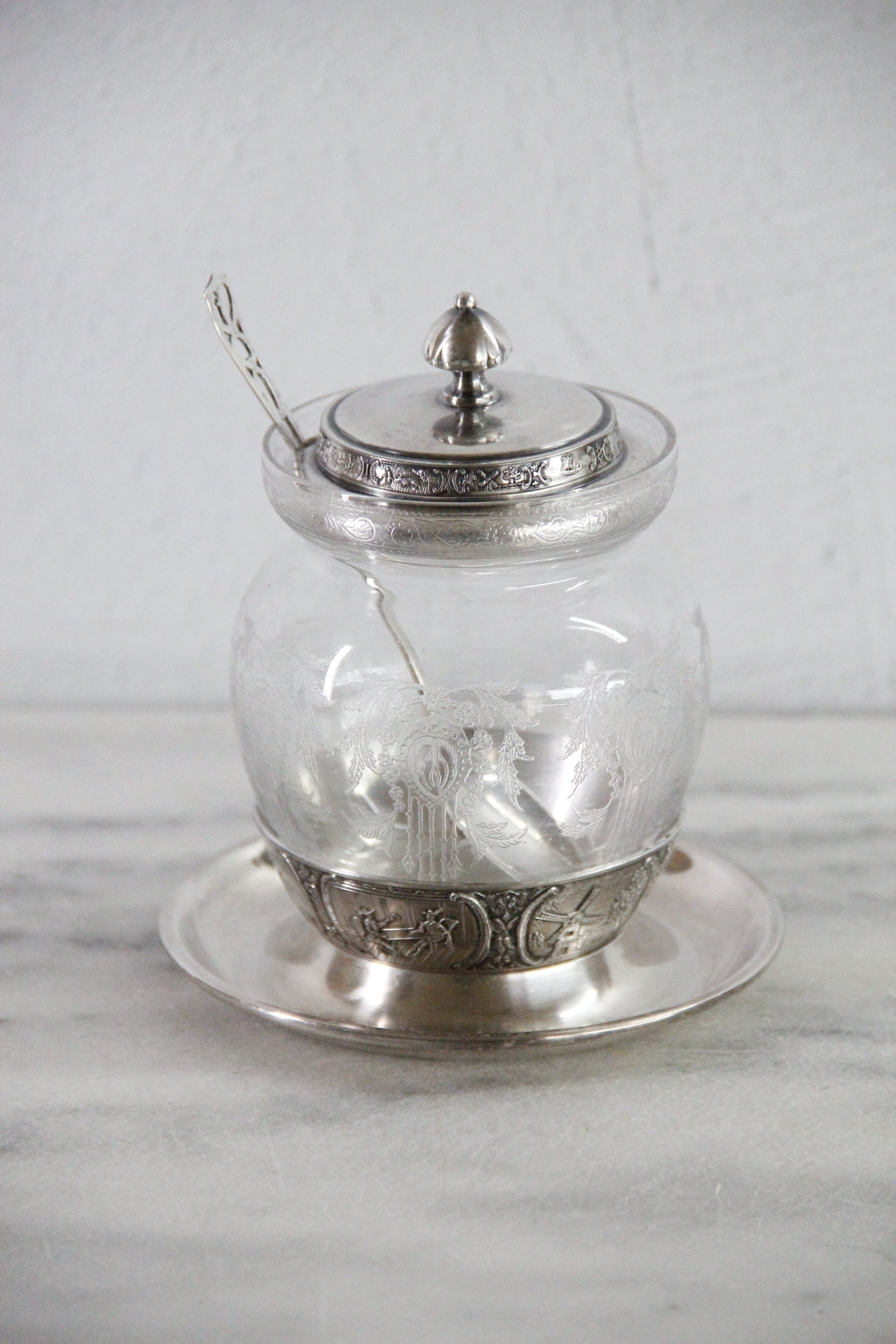 Condiment Jar | Antique Etched Glass with Sterling Spoon