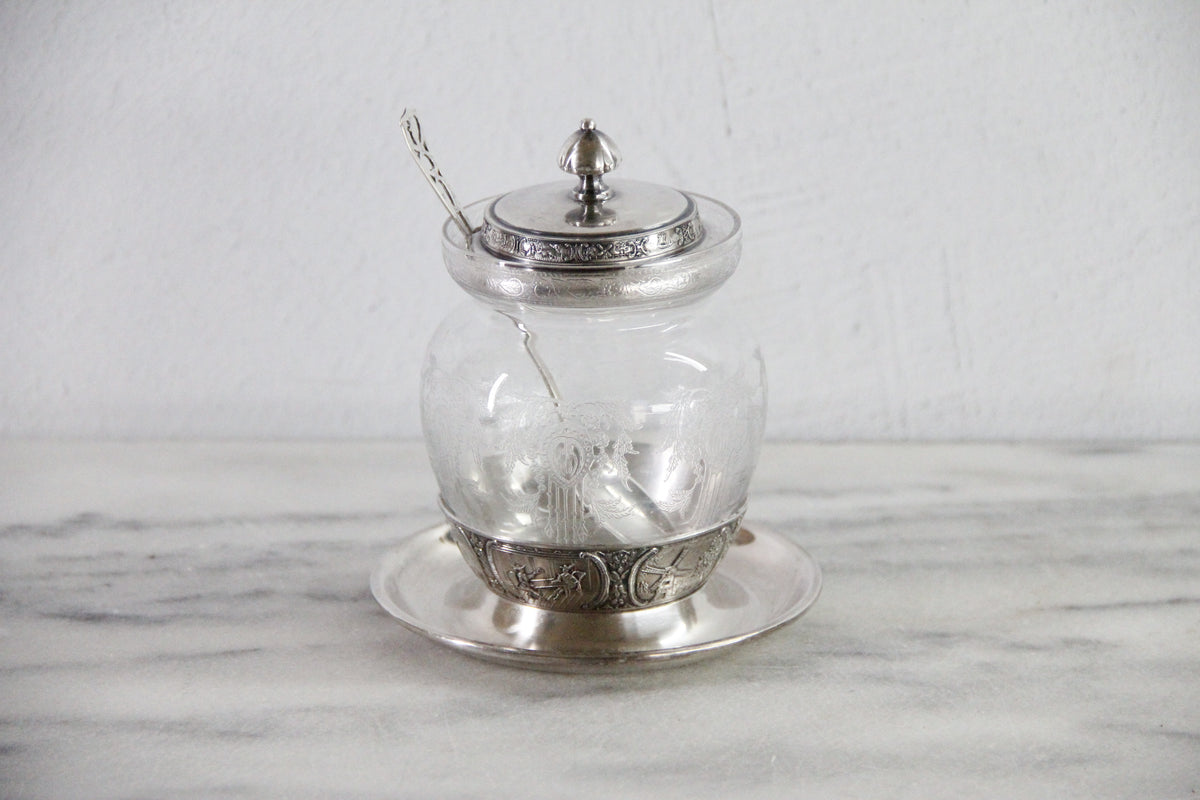 Condiment Jar | Antique Etched Glass with Sterling Spoon