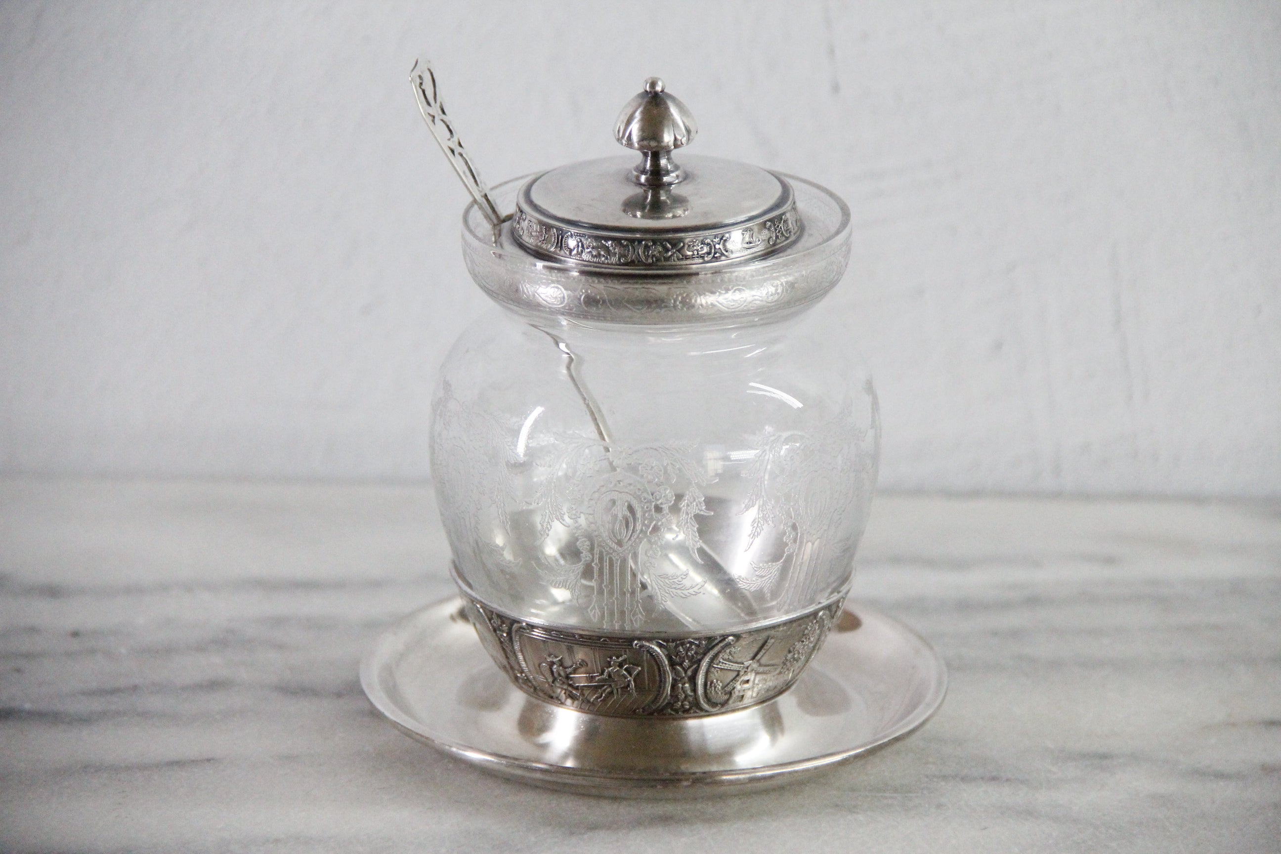 Condiment Jar | Antique Etched Glass with Sterling Spoon