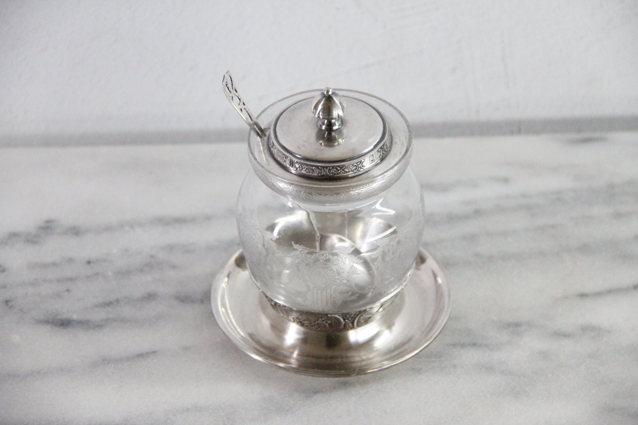Condiment Jar | Antique Etched Glass with Sterling Spoon