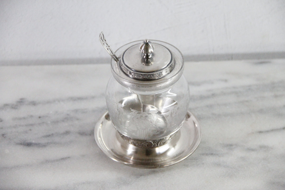 Condiment Jar | Antique Etched Glass with Sterling Spoon