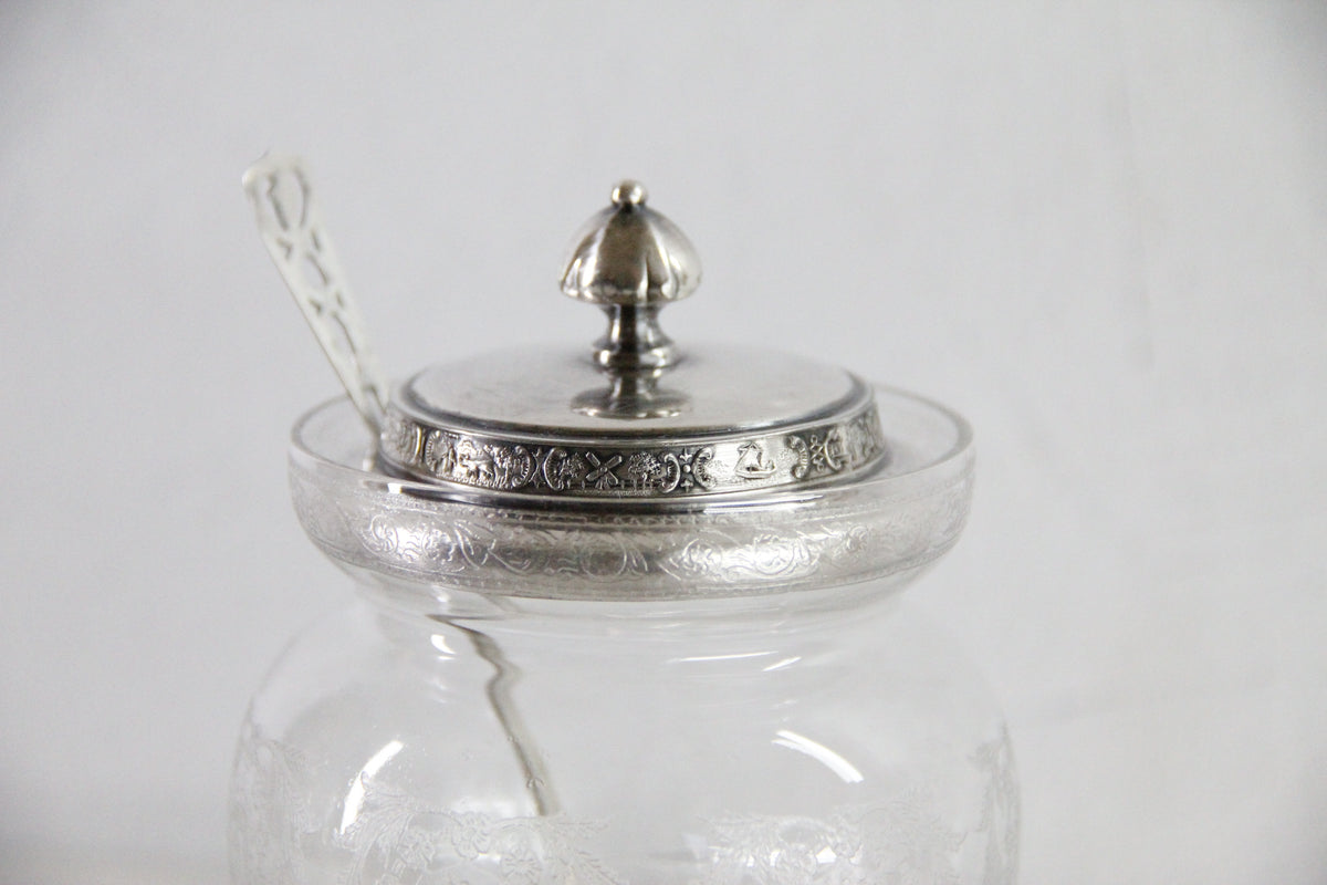 Condiment Jar | Antique Etched Glass with Sterling Spoon