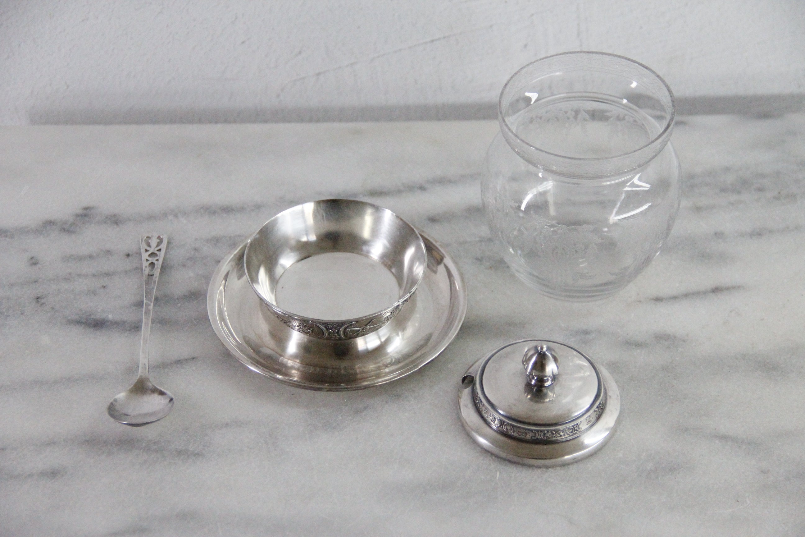 Condiment Jar | Antique Etched Glass with Sterling Spoon
