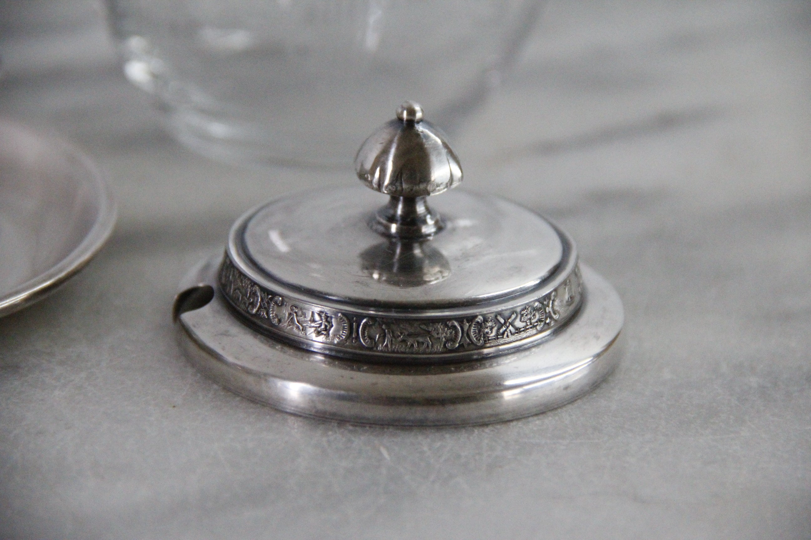 Condiment Jar | Antique Etched Glass with Sterling Spoon