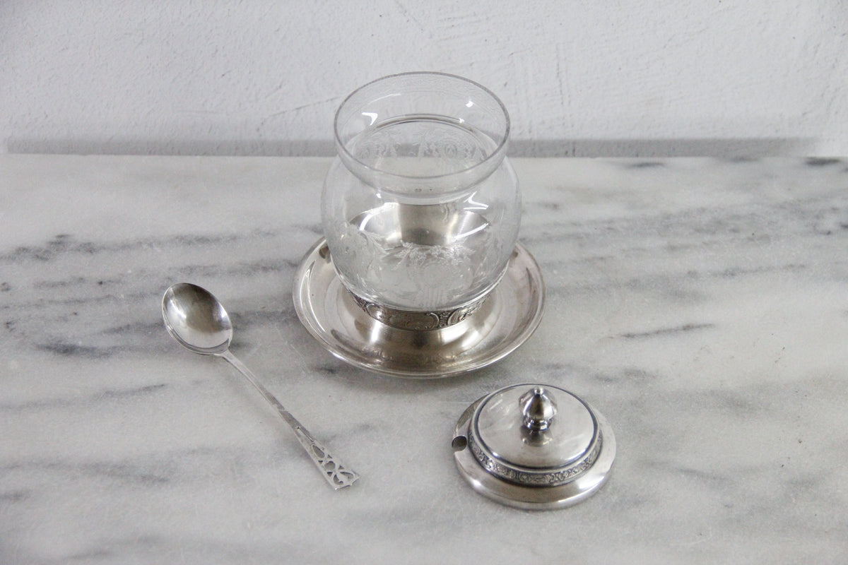Condiment Jar | Antique Etched Glass with Sterling Spoon