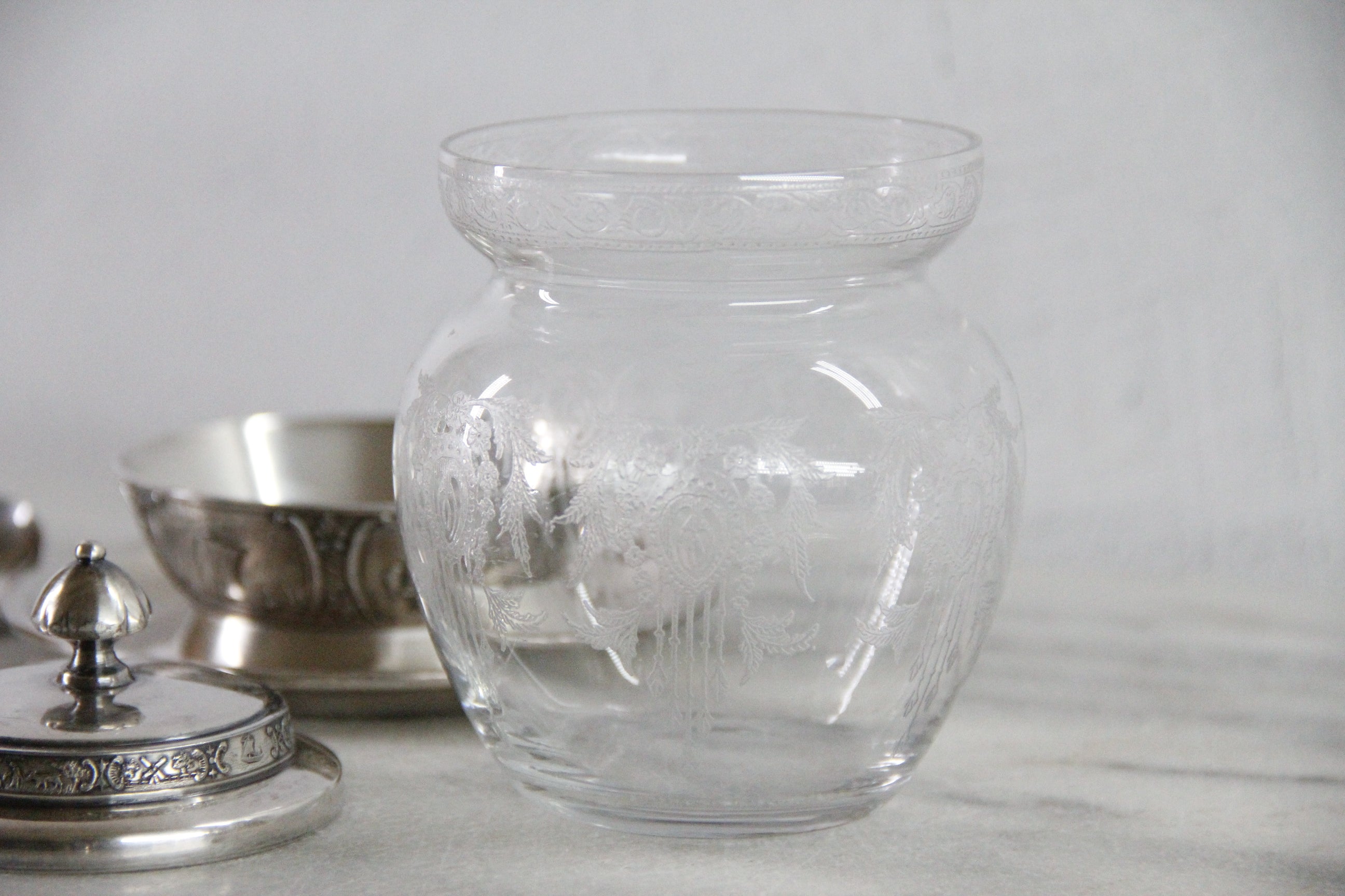 Condiment Jar | Antique Etched Glass with Sterling Spoon