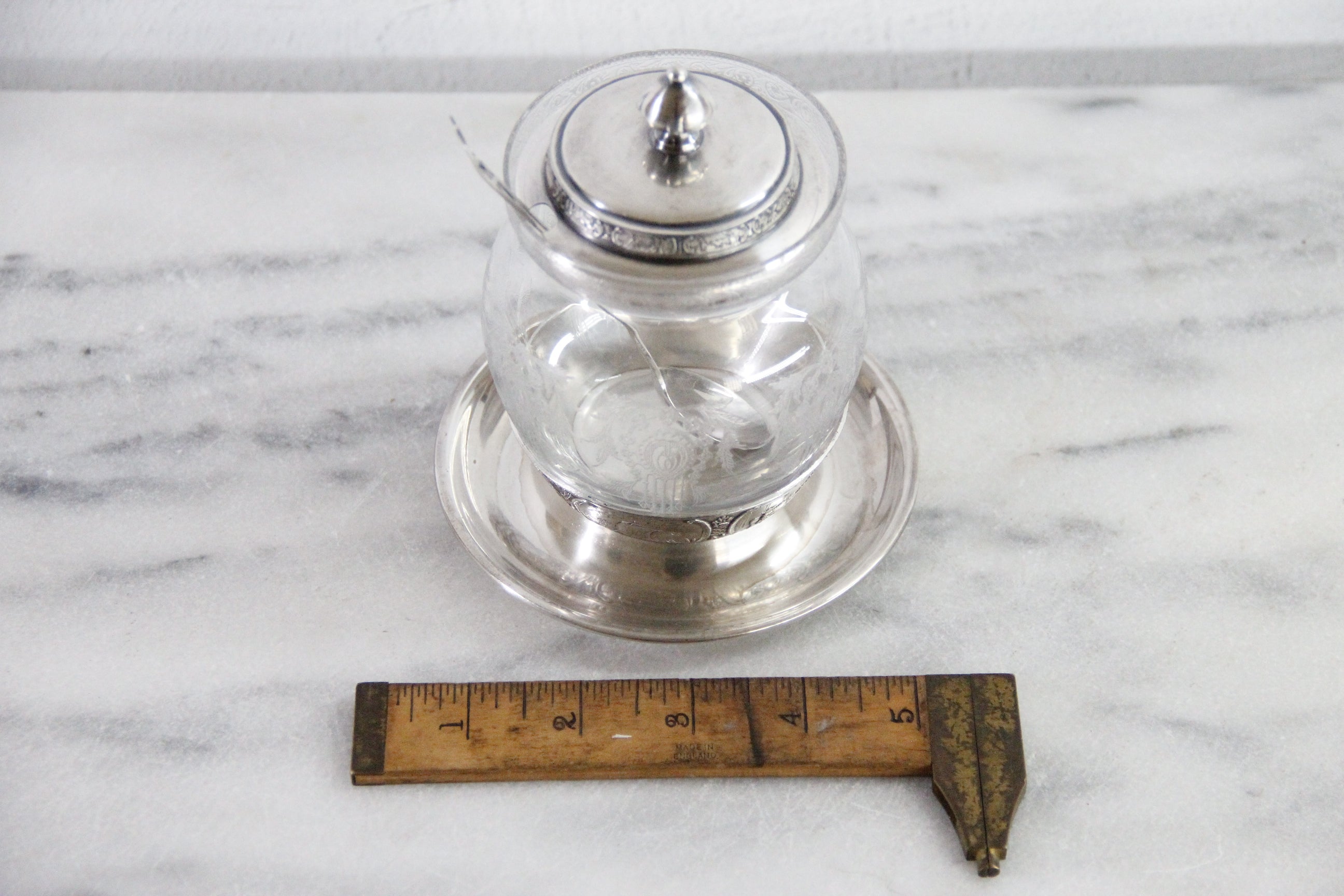 Condiment Jar | Antique Etched Glass with Sterling Spoon
