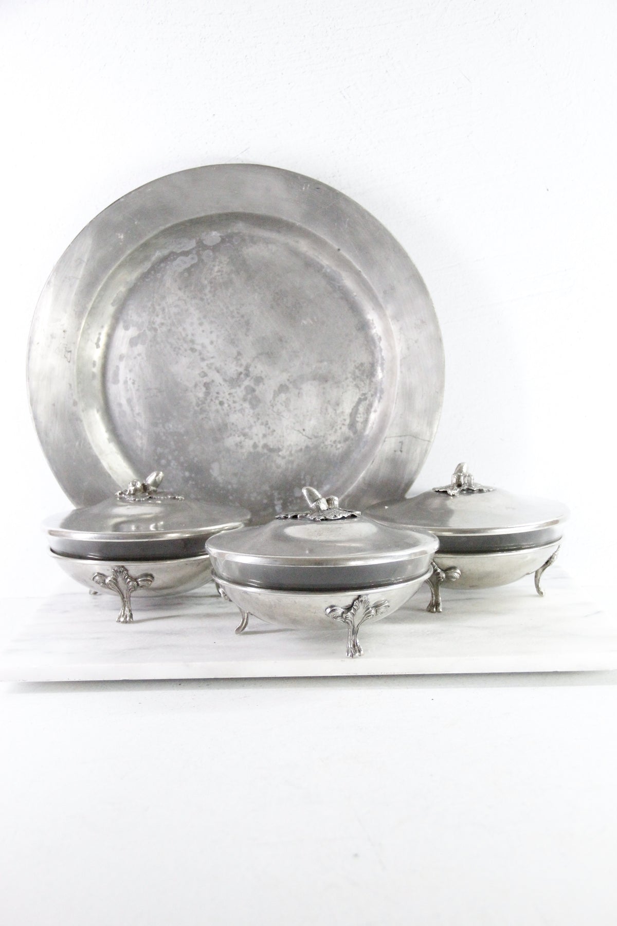 Vintage Pewter Serving Bowl | Footed Glass Liner Dish