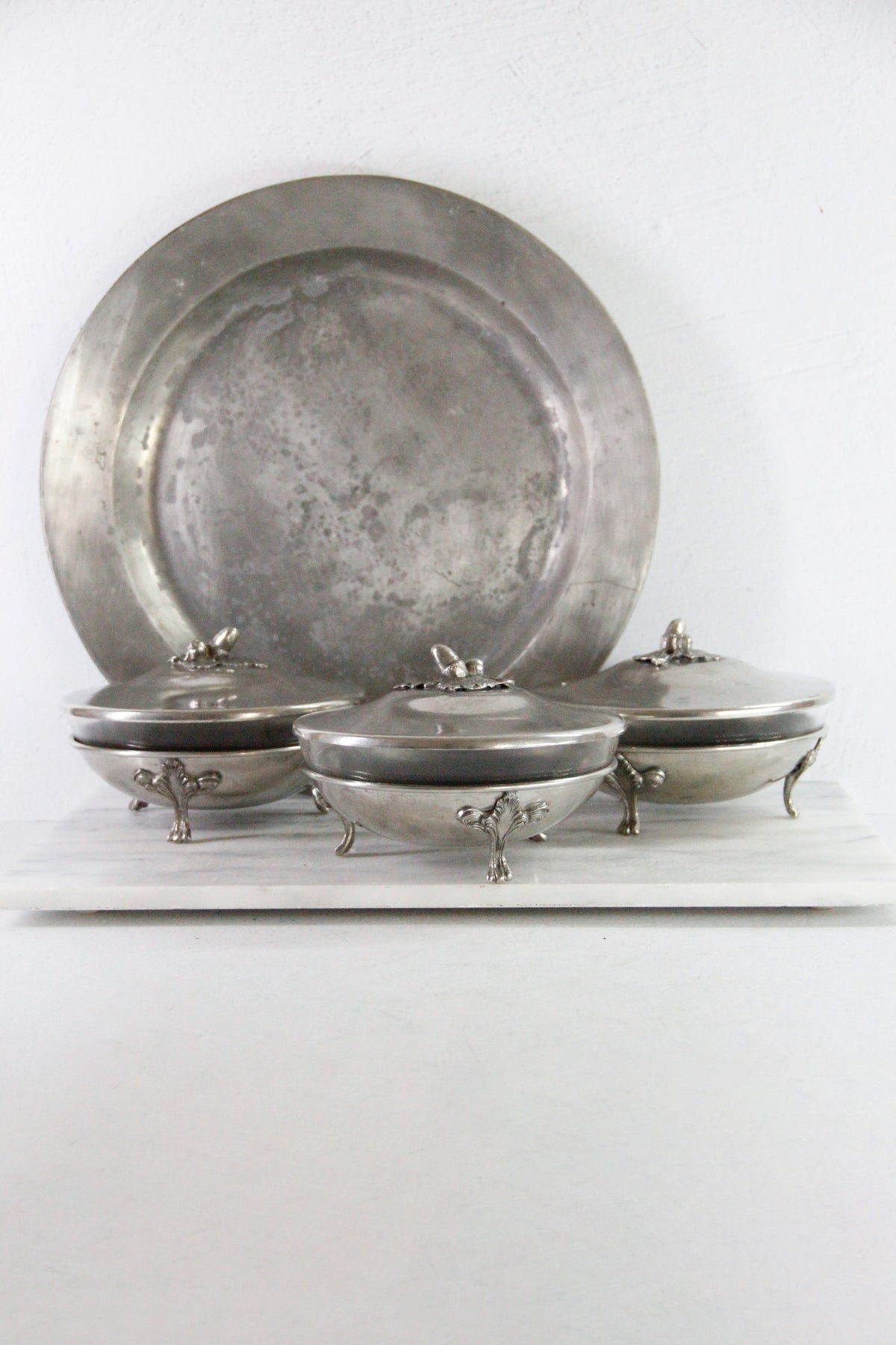Vintage Pewter Serving Bowl | Footed Glass Liner Dish