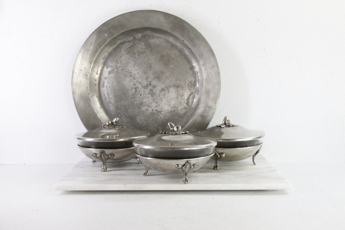 Vintage Pewter Serving Bowl | Footed Glass Liner Dish