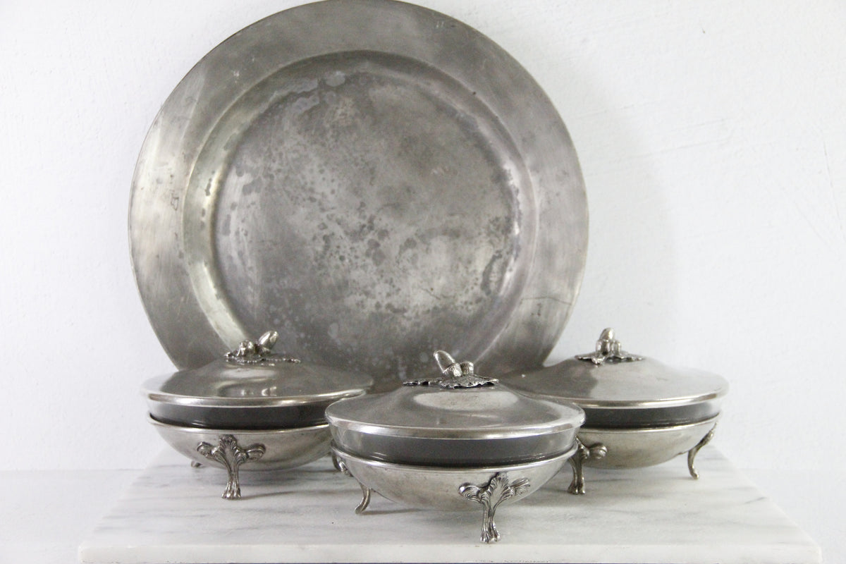 Vintage Pewter Serving Bowl | Footed Glass Liner Dish