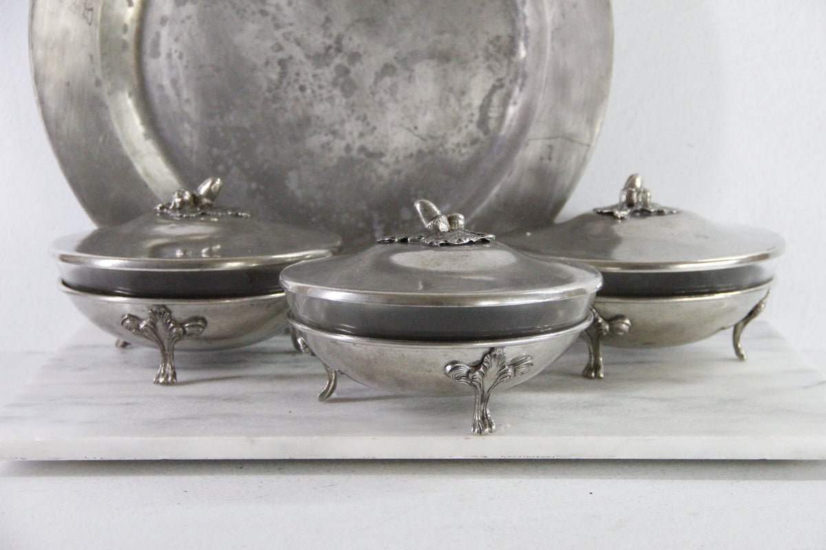 Vintage Pewter Serving Bowl | Footed Glass Liner Dish