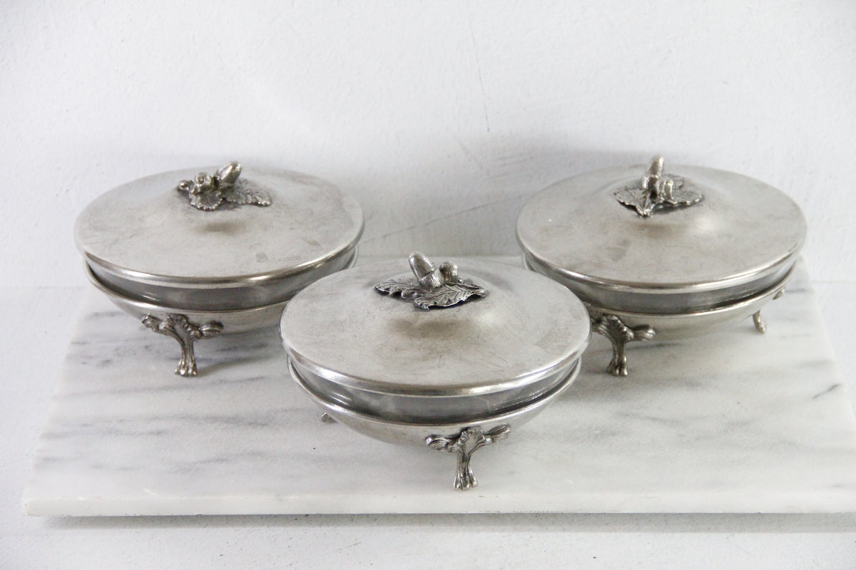 Vintage Pewter Serving Bowl | Footed Glass Liner Dish