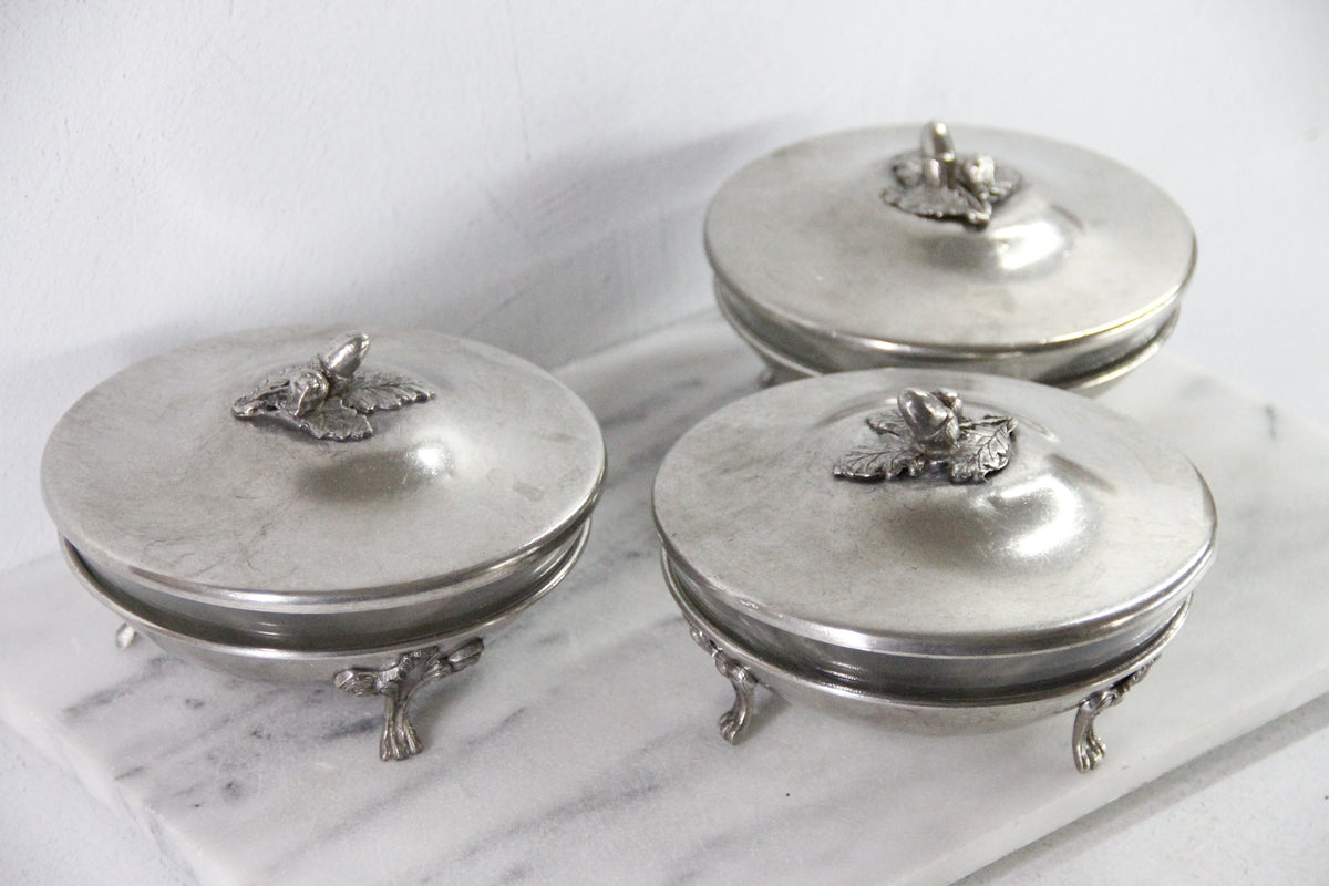 Vintage Pewter Serving Bowl | Footed Glass Liner Dish