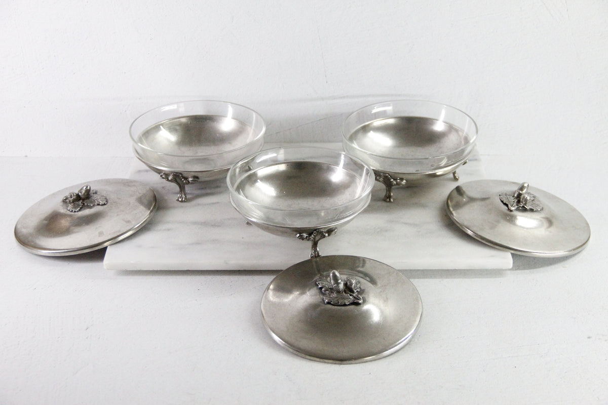 Vintage Pewter Serving Bowl | Footed Glass Liner Dish