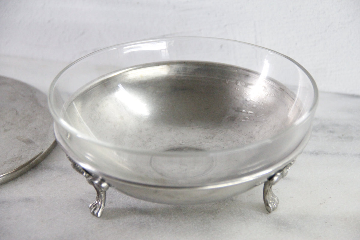 Vintage Pewter Serving Bowl | Footed Glass Liner Dish