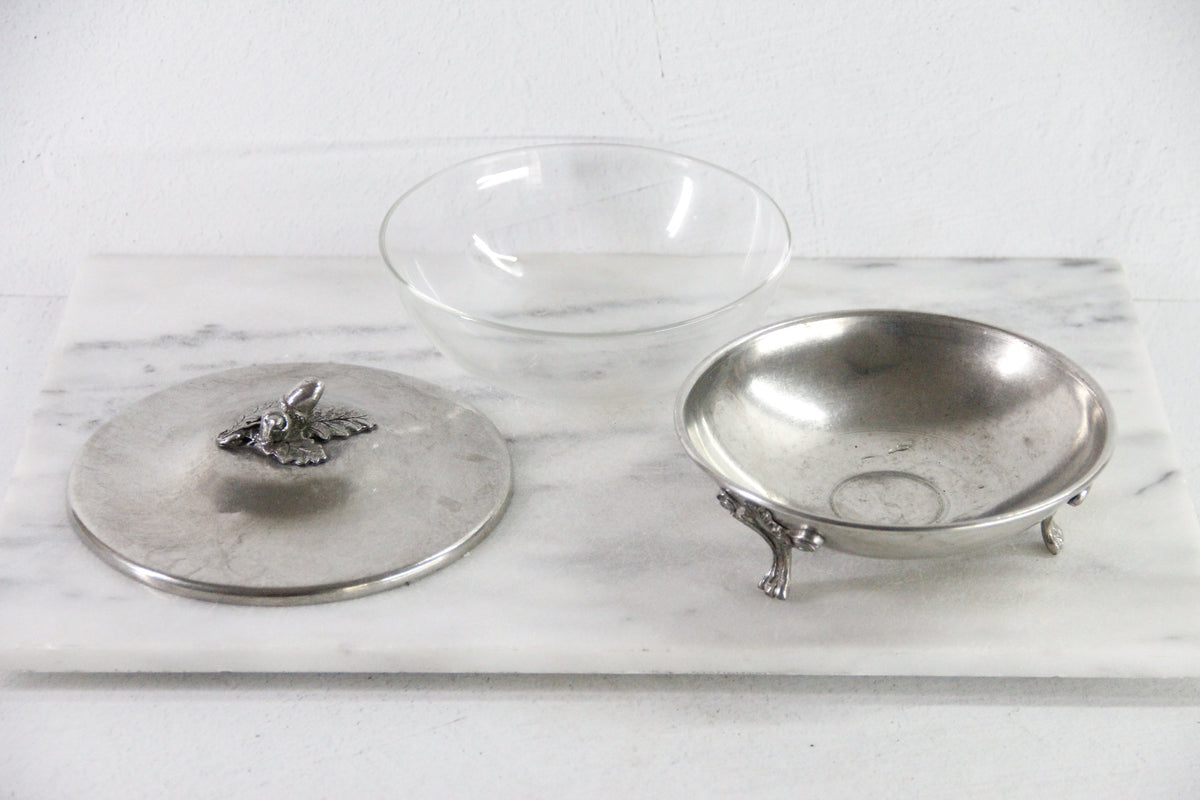 Vintage Pewter Serving Bowl | Footed Glass Liner Dish
