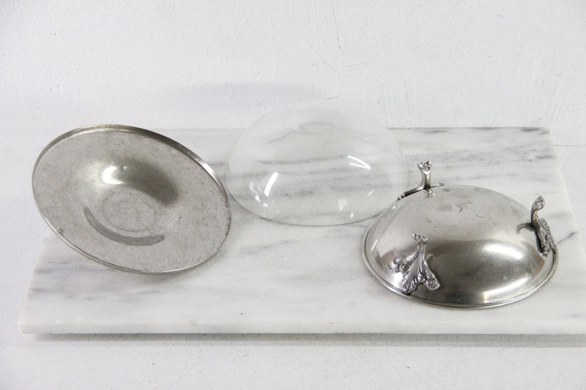 Vintage Pewter Serving Bowl | Footed Glass Liner Dish