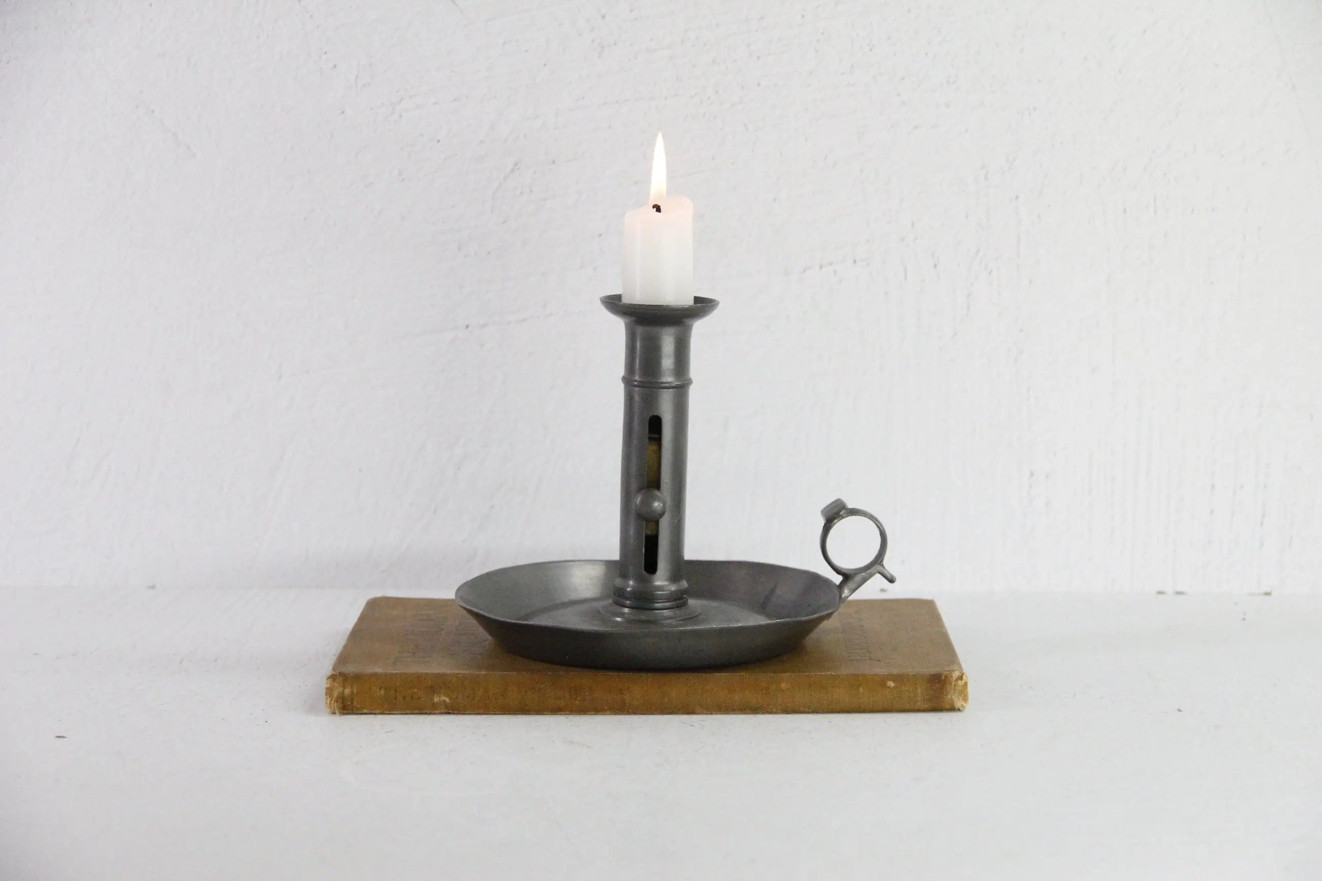 Pewter Chamber Stick Candle Holder | Large Antique Danish Push Up
