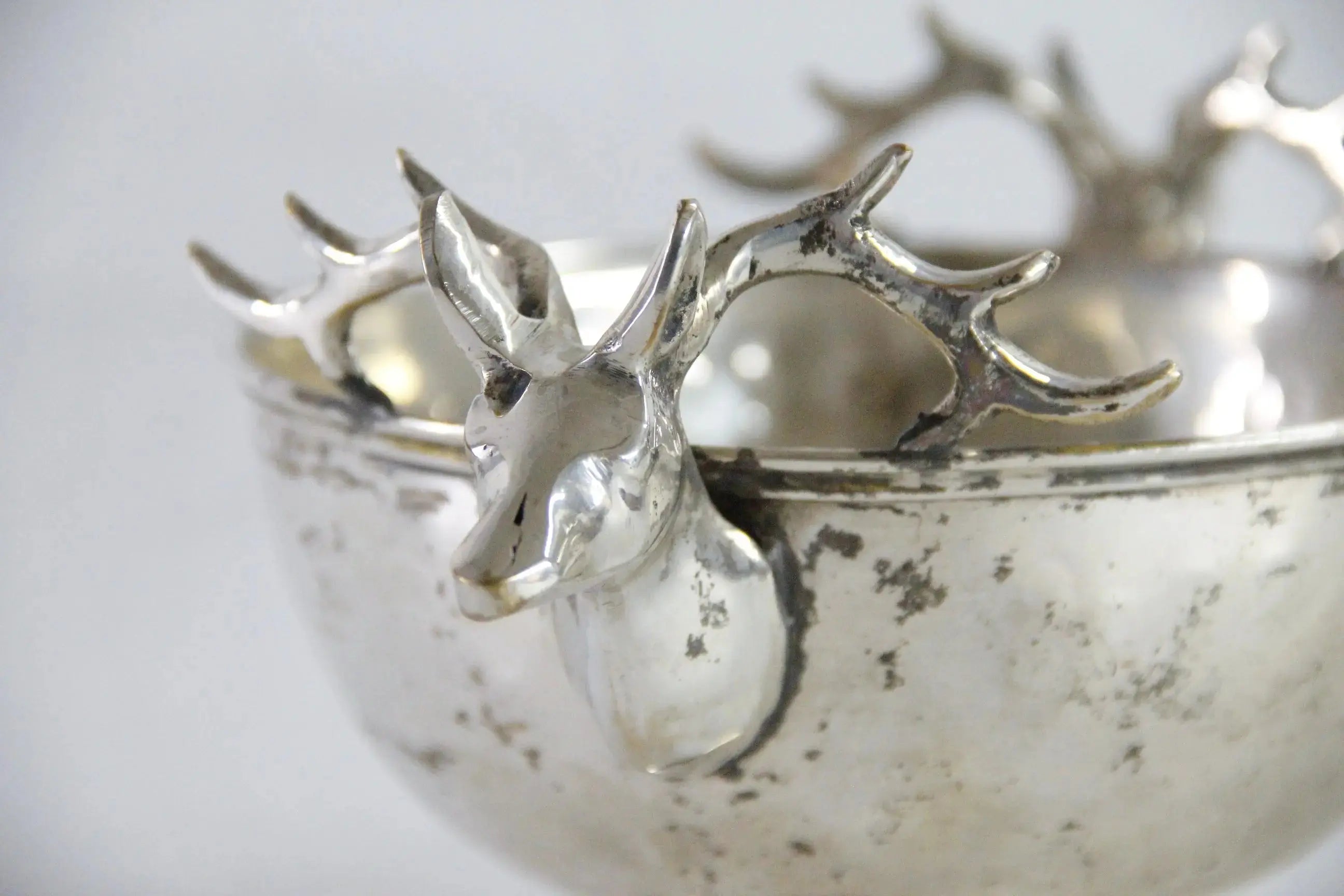 Silver Plate Hammered Bowl with Stag Handles & Head  Debra Hall Lifestyle