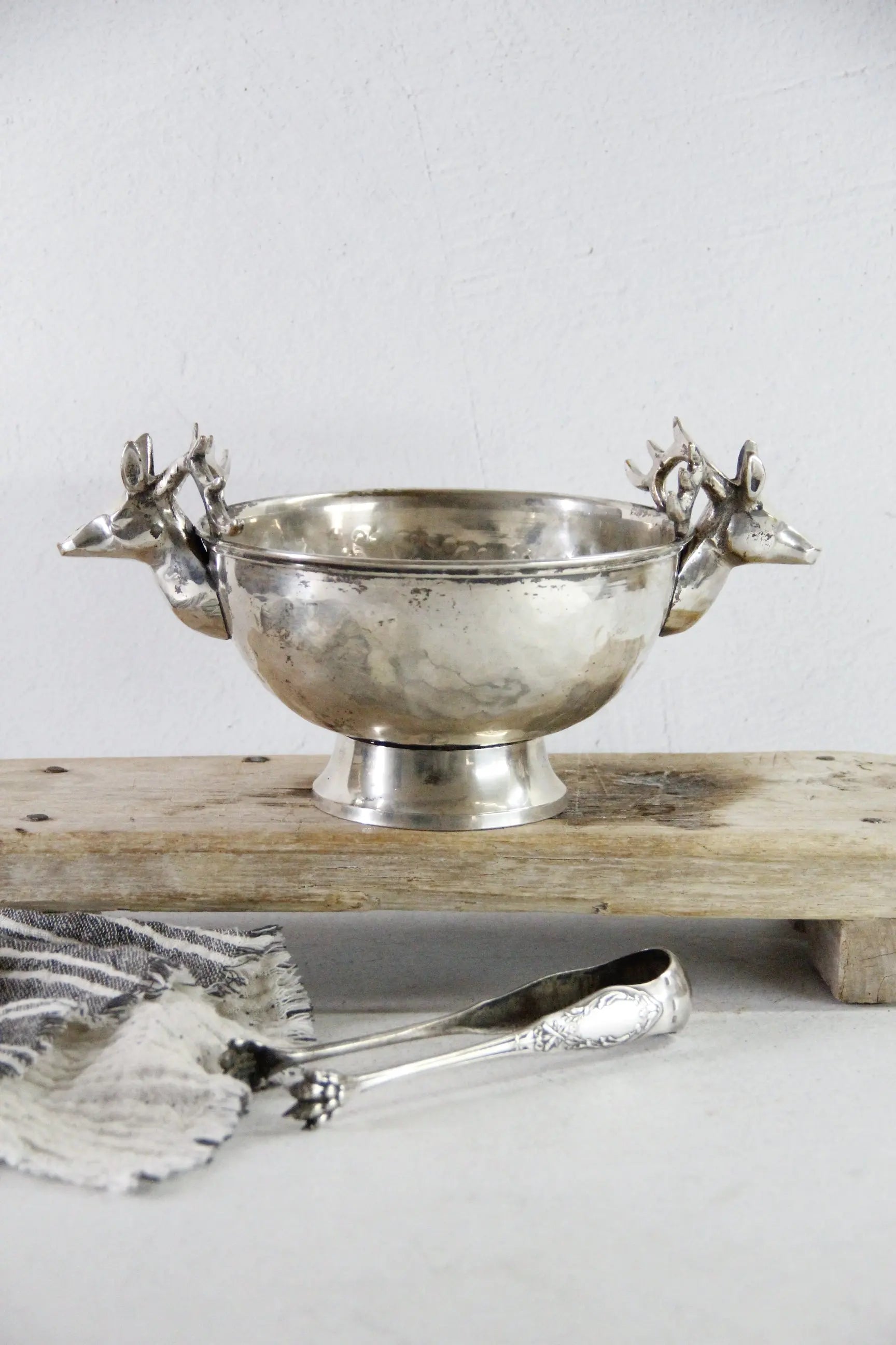 Silver Plate Hammered Bowl with Stag Handles & Head