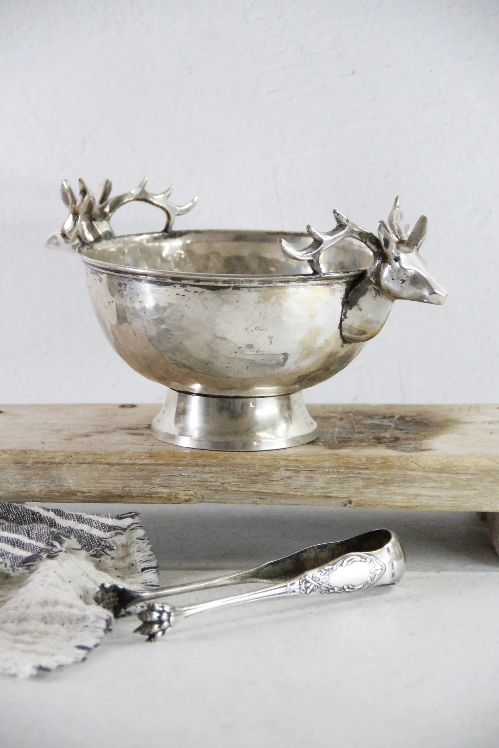 Silver Plate Hammered Bowl with Stag Handles & Head