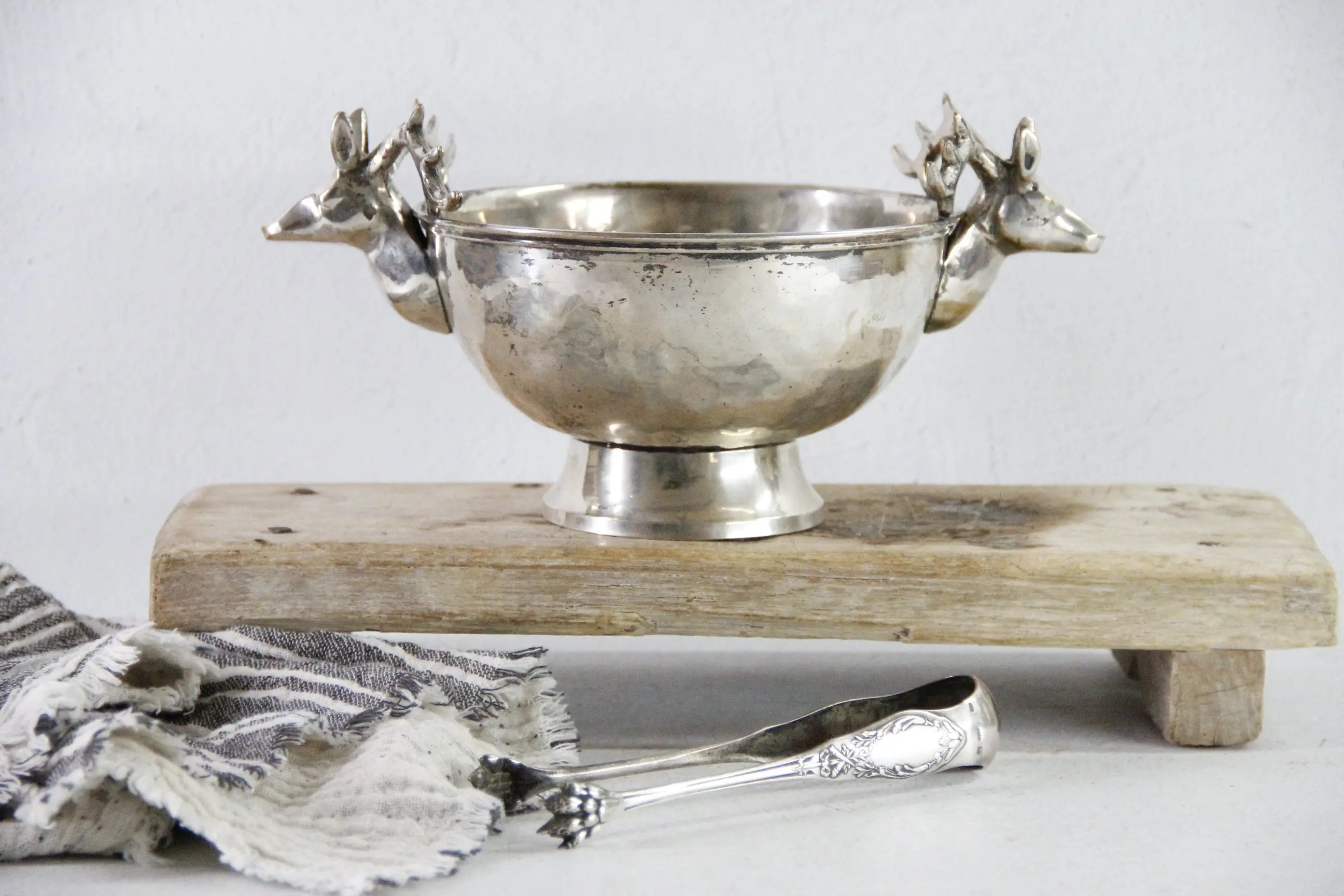 Silver Plate Hammered Bowl with Stag Handles & Head