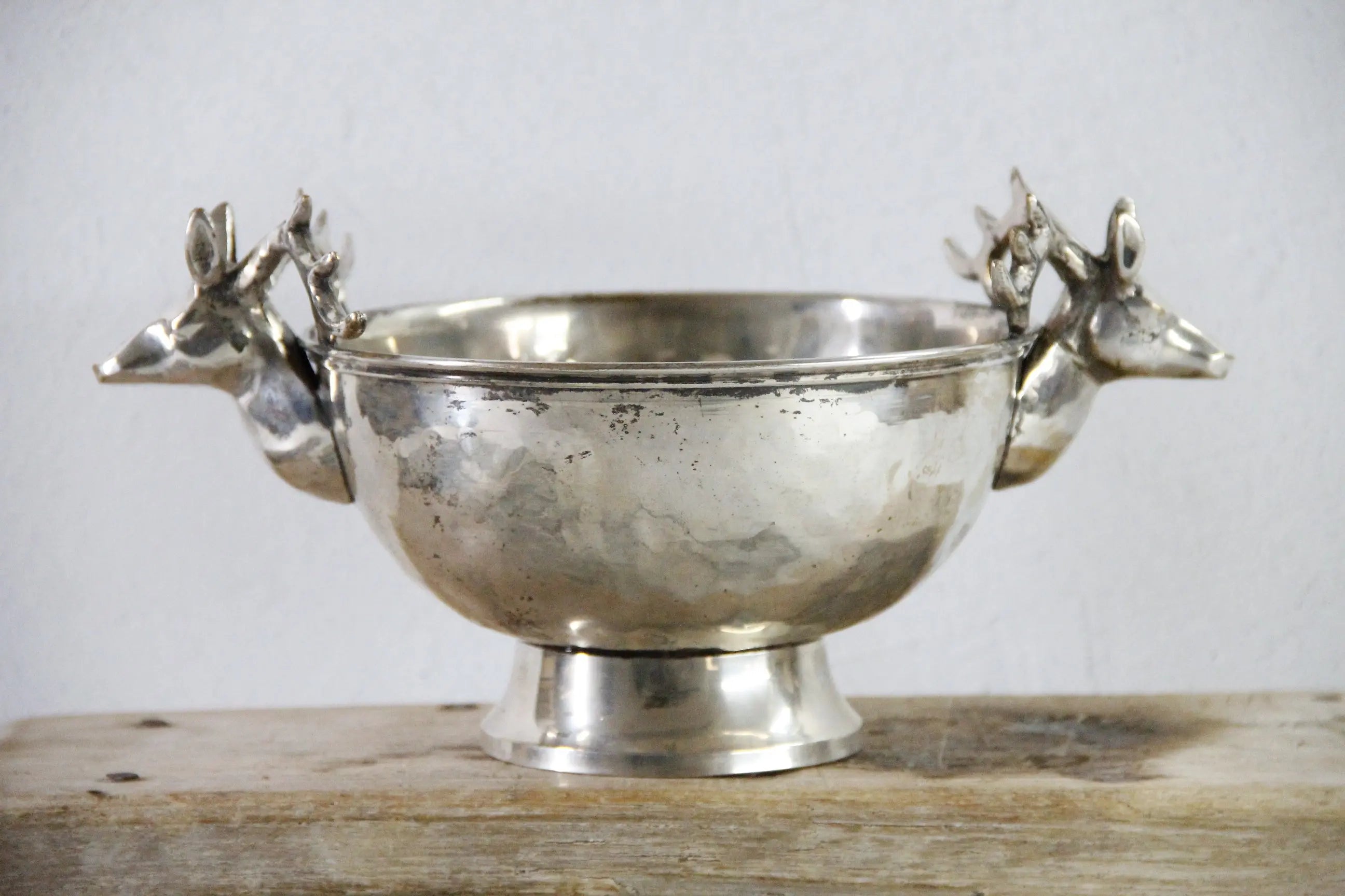 Silver Plate Hammered Bowl with Stag Handles & Head
