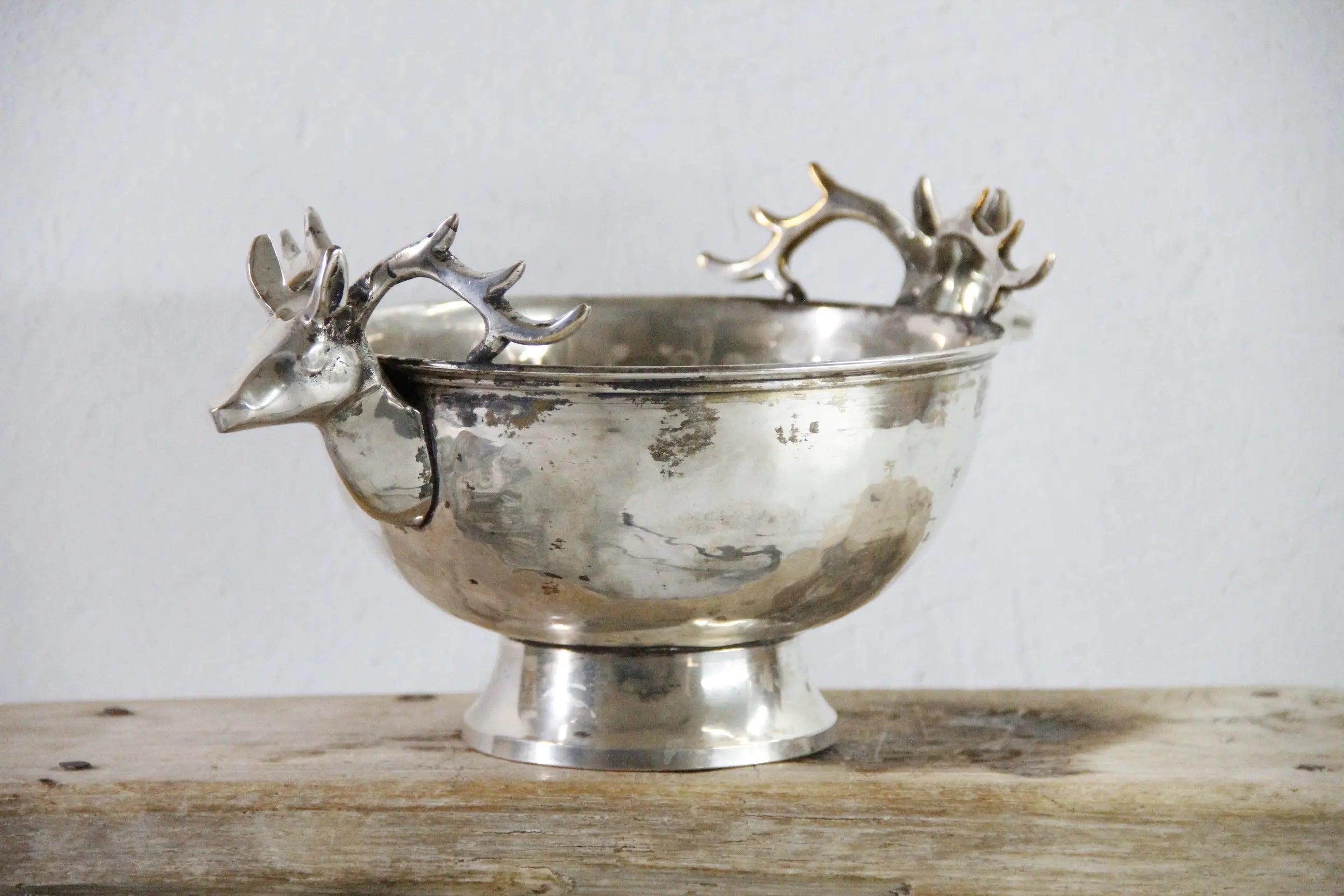 Silver Plate Hammered Bowl with Stag Handles & Head