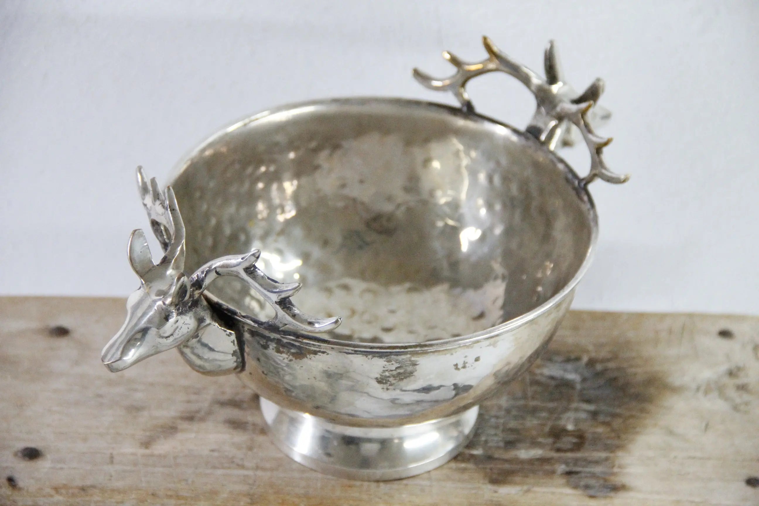 Silver Plate Hammered Bowl with Stag Handles & Head