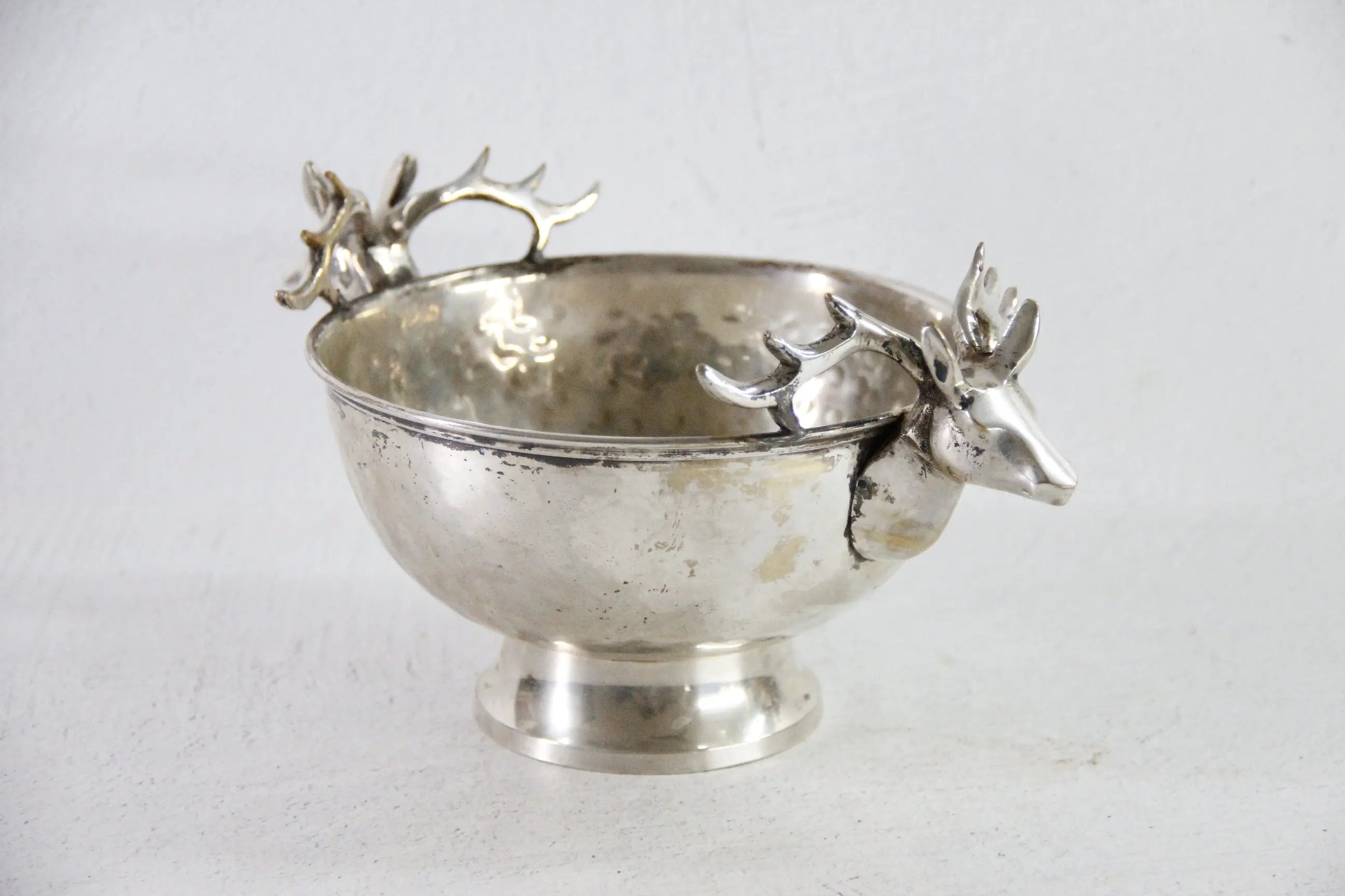 Silver Plate Hammered Bowl with Stag Handles & Head