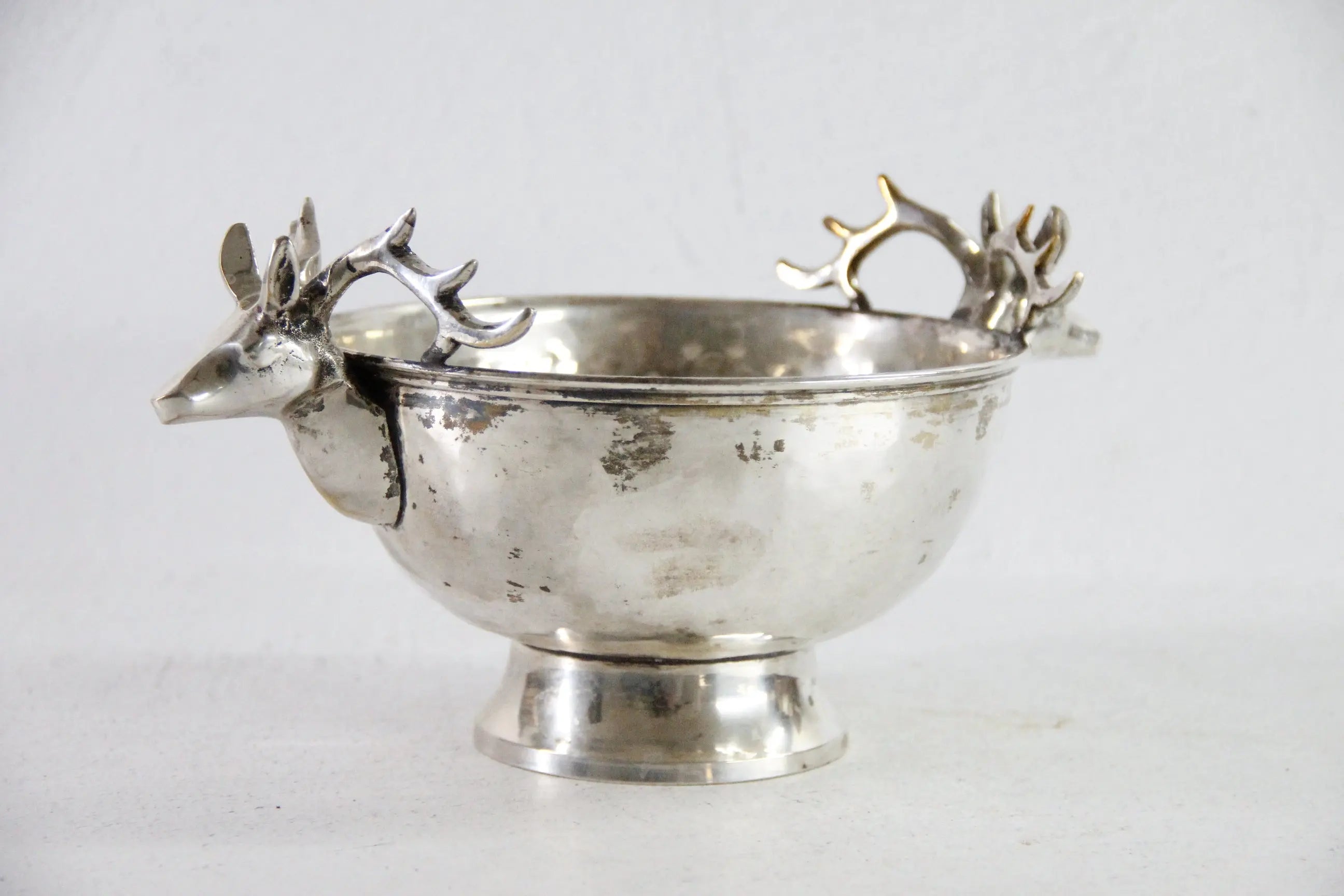 Silver Plate Hammered Bowl with Stag Handles & Head
