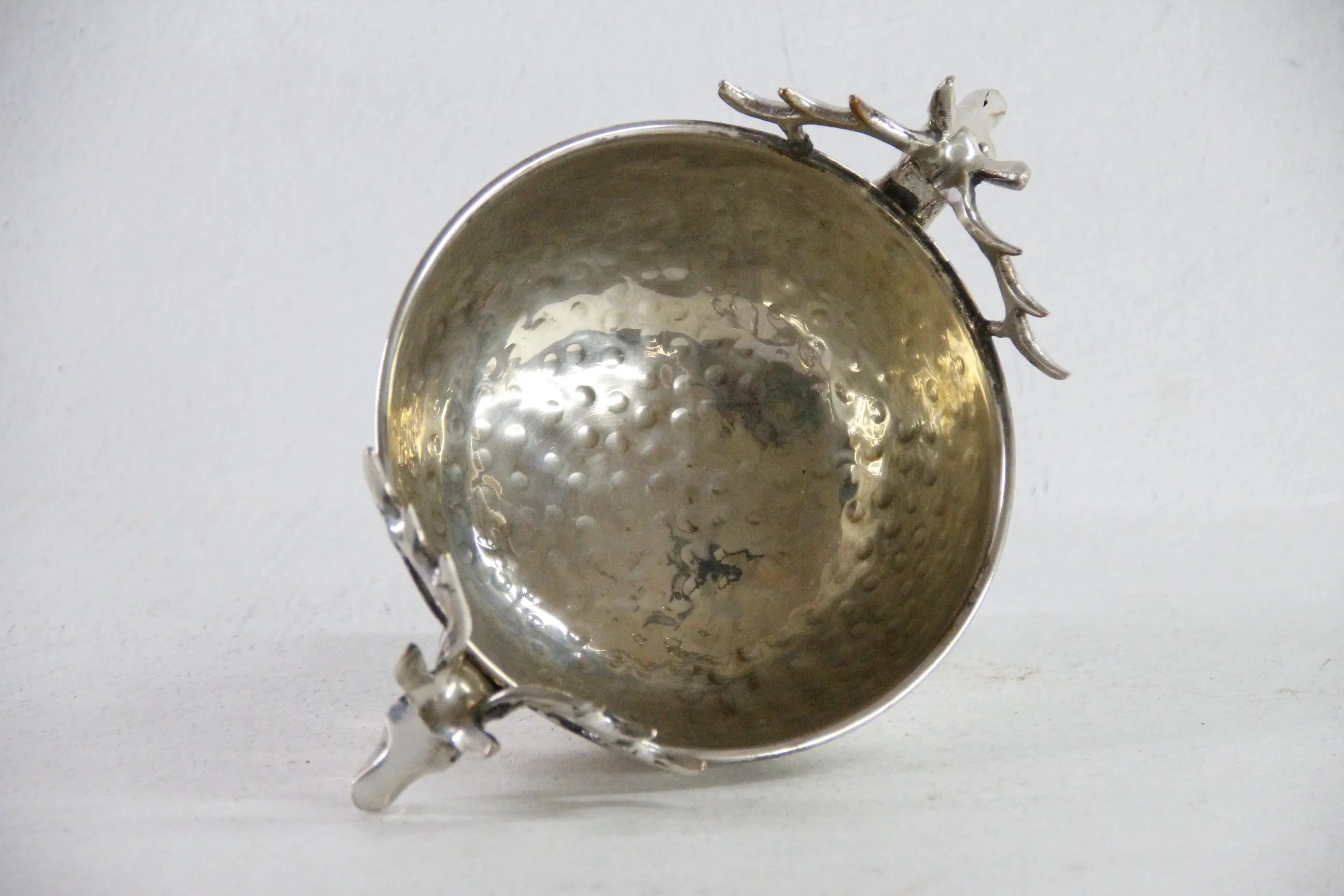 Silver Plate Hammered Bowl with Stag Handles & Head