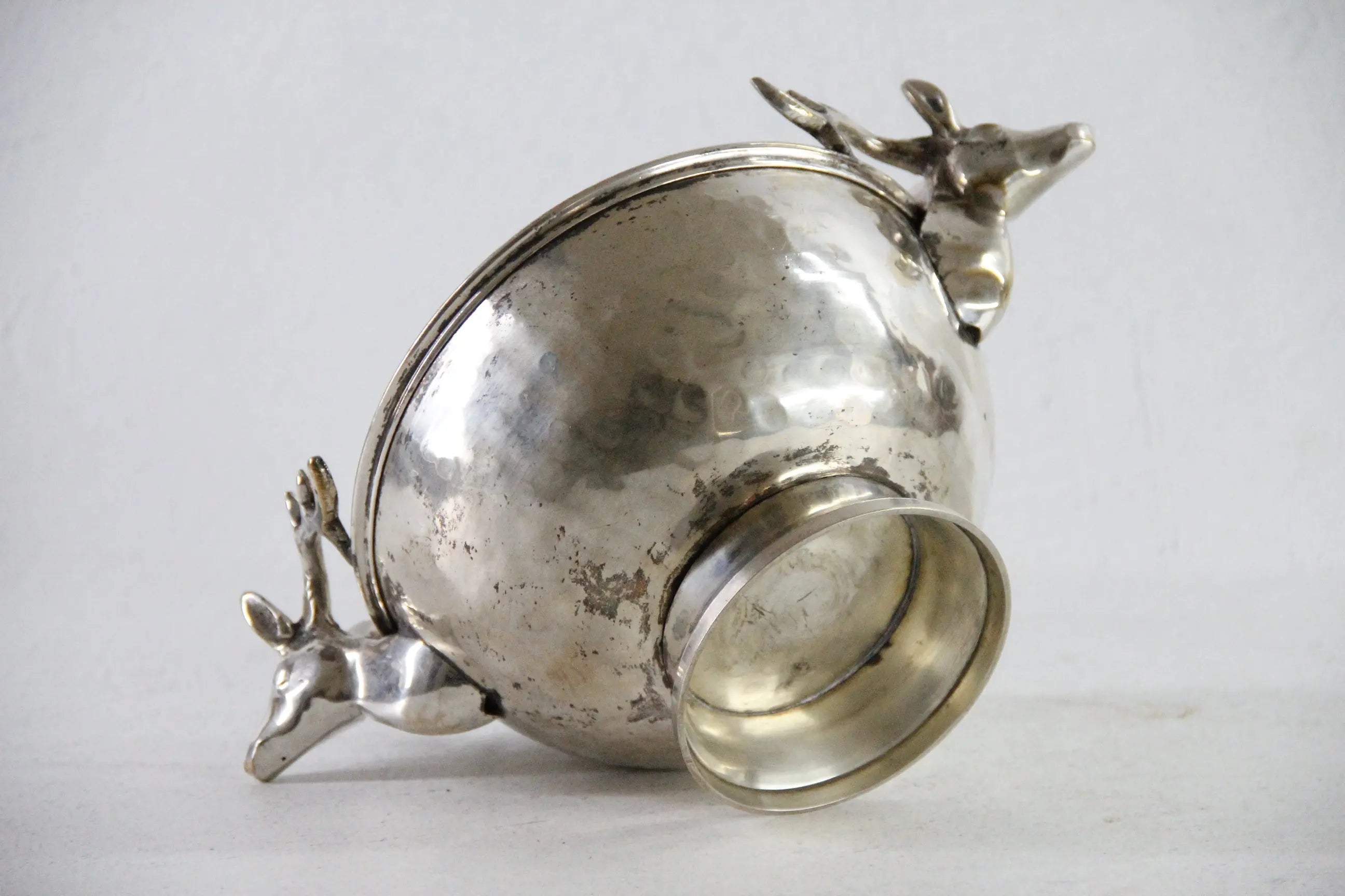 Silver Plate Hammered Bowl with Stag Handles & Head