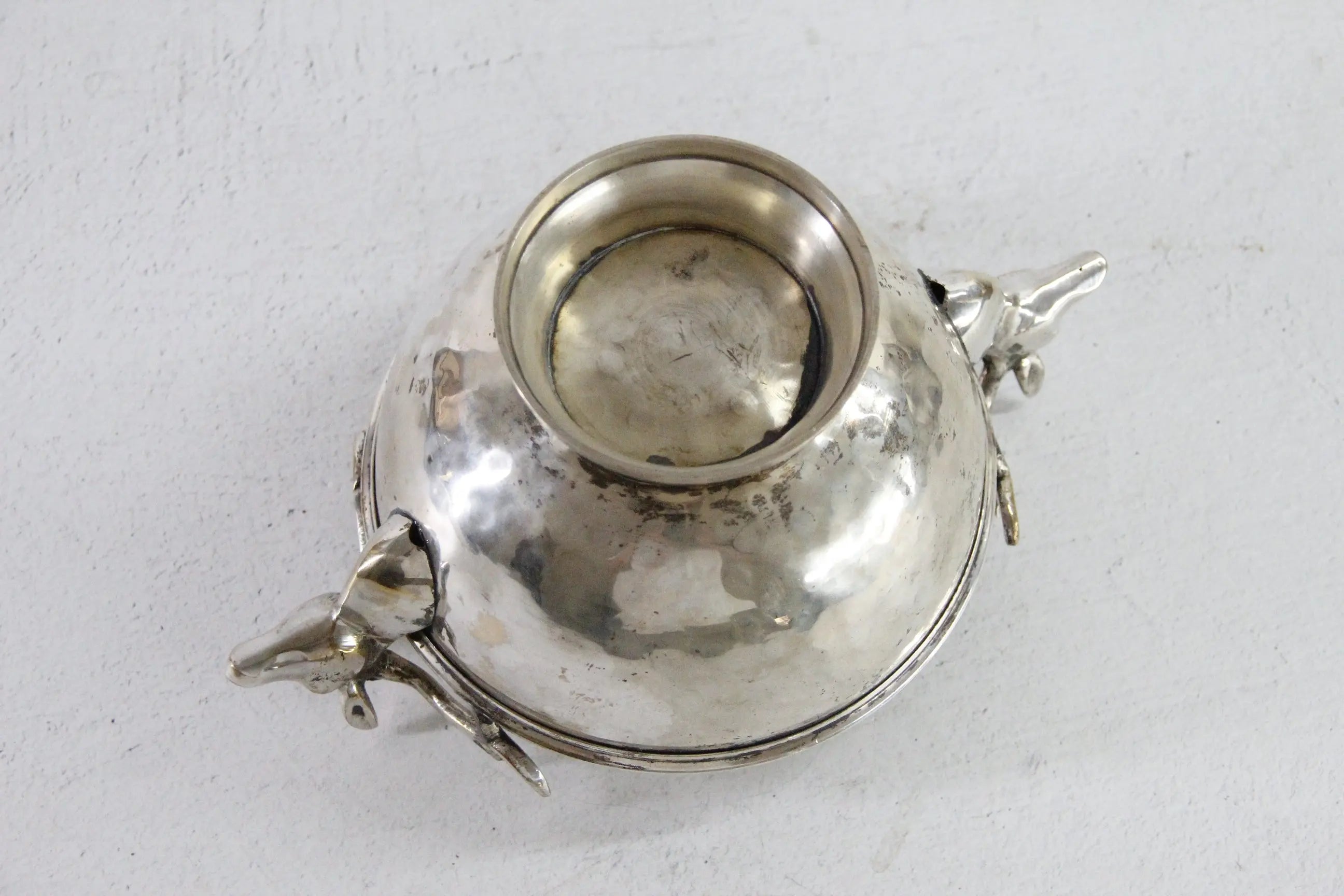 Silver Plate Hammered Bowl with Stag Handles & Head