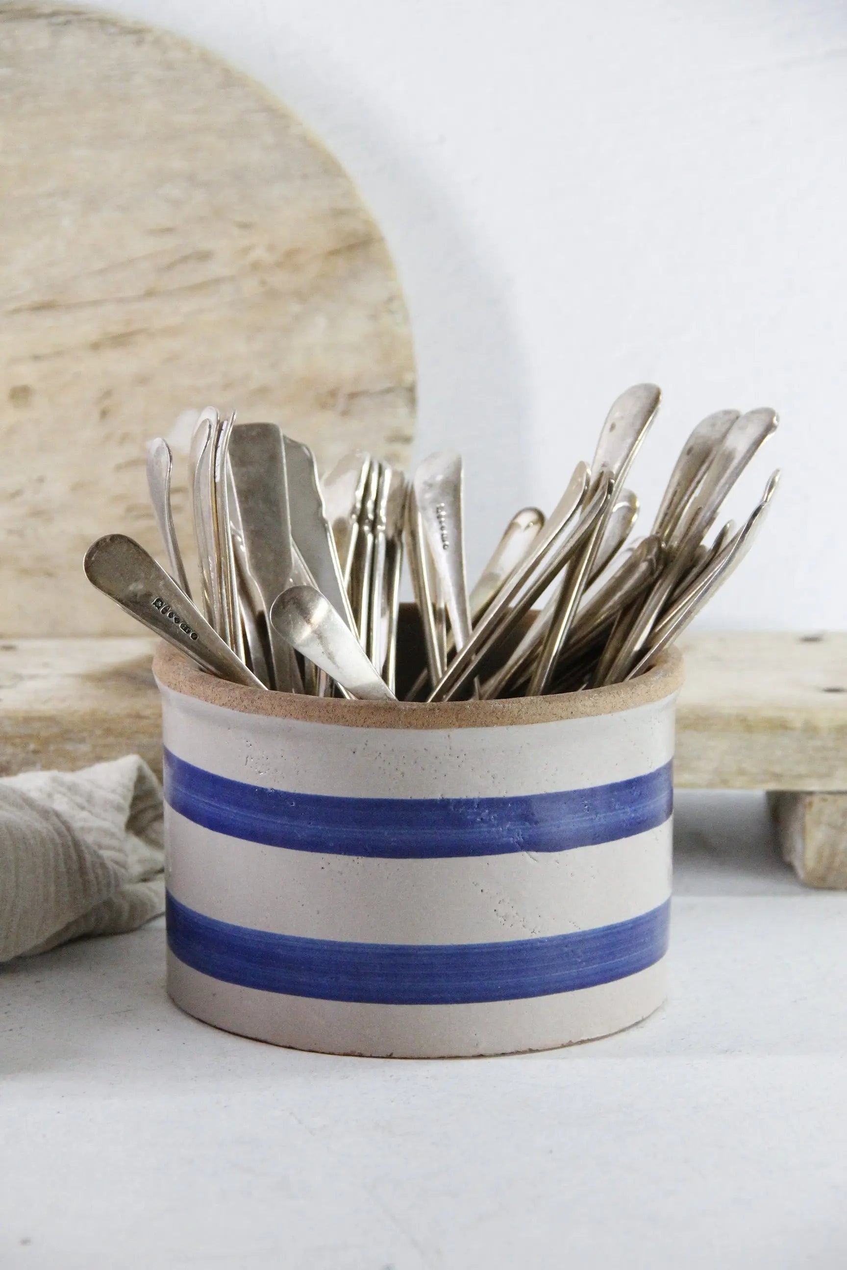 Stoneware Butter Crock Antique Blue Band Kitchen Utensil Holder