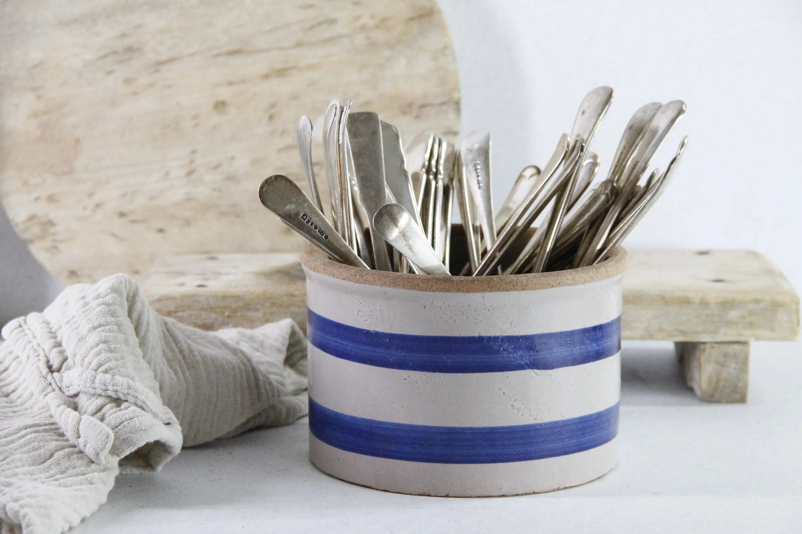 Stoneware Butter Crock Antique Blue Band Kitchen Utensil Holder