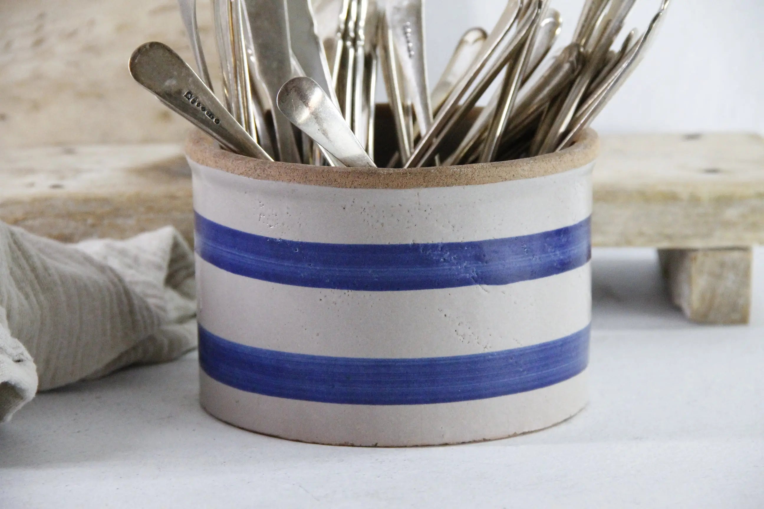 Stoneware Butter Crock Antique Blue Band Kitchen Utensil Holder