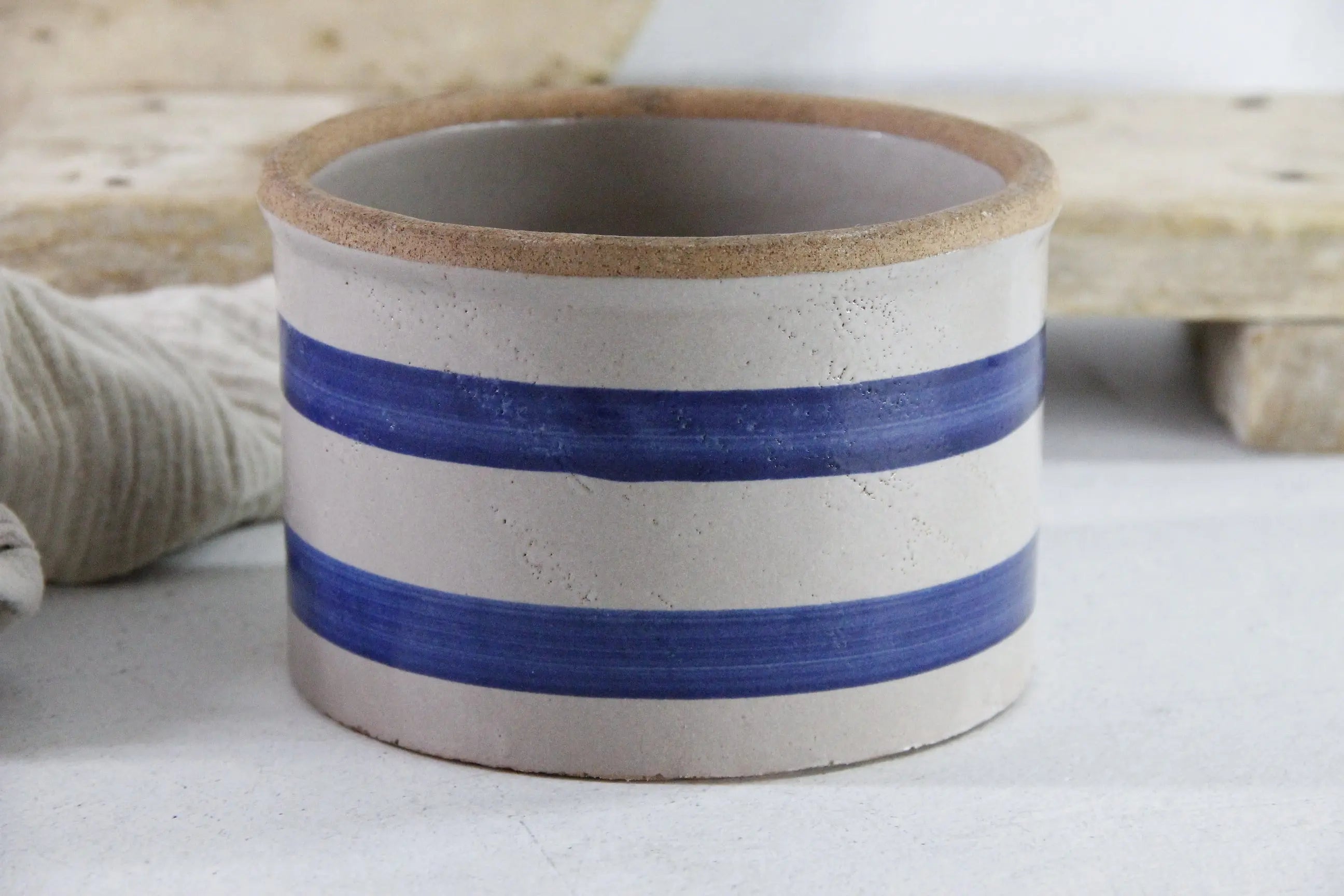 Stoneware Butter Crock Antique Blue Band Kitchen Utensil Holder