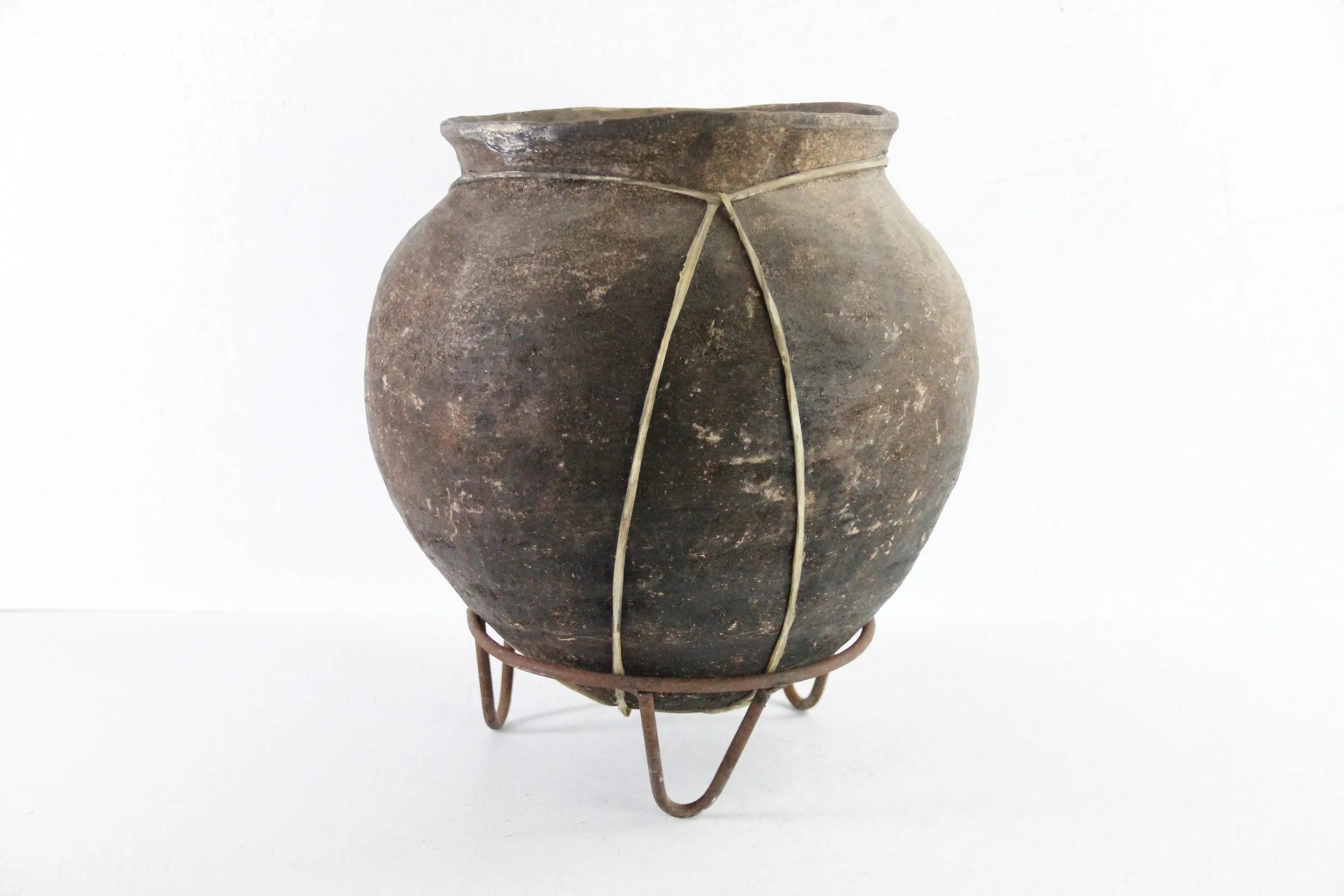 Tarahumara Indian Pottery Olla | Vintage Rawhide Bound Vessel on Stand  Debra Hall Lifestyle
