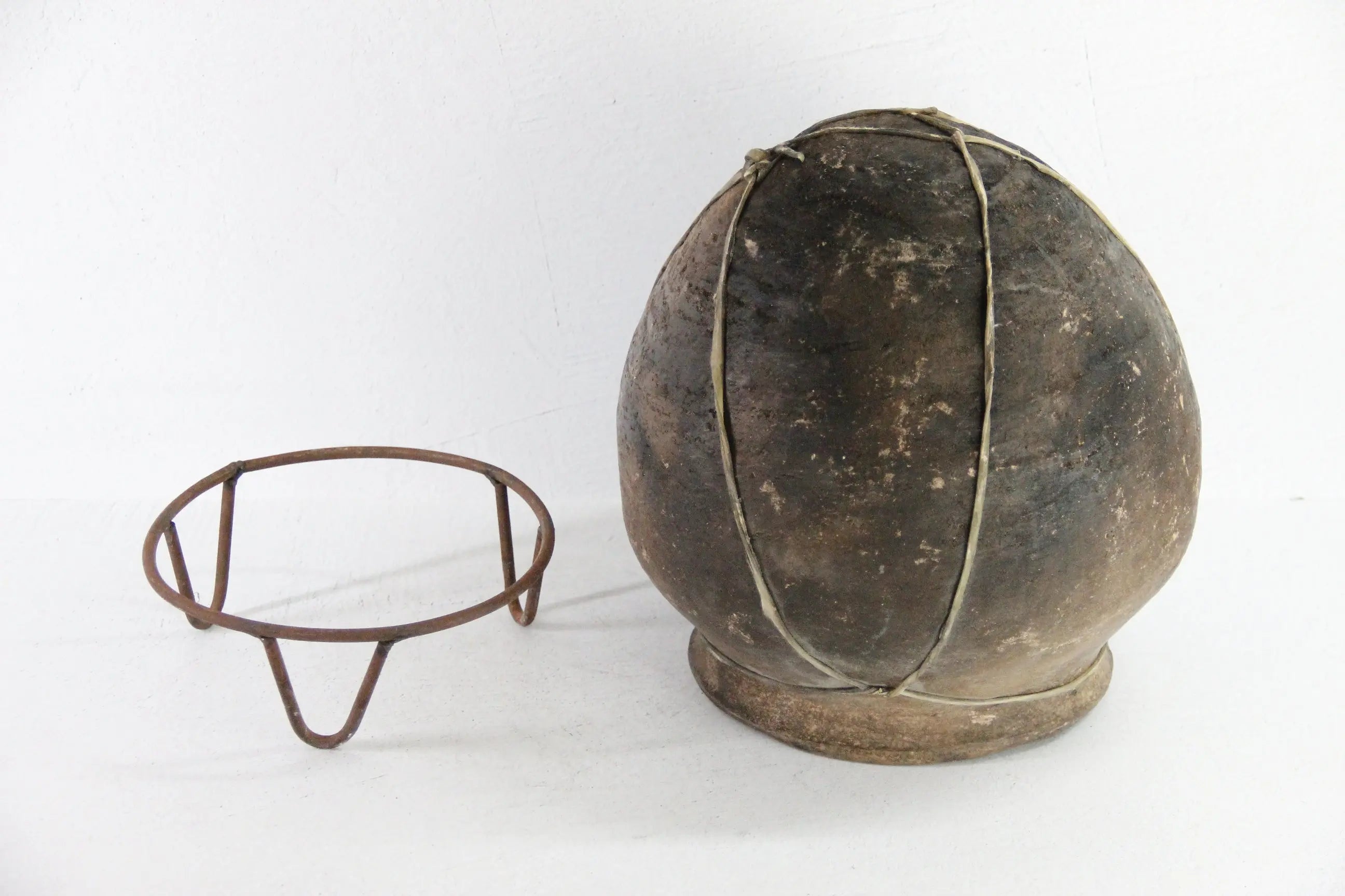 Tarahumara Indian Pottery Olla | Vintage Rawhide Bound Vessel on Stand  Debra Hall Lifestyle
