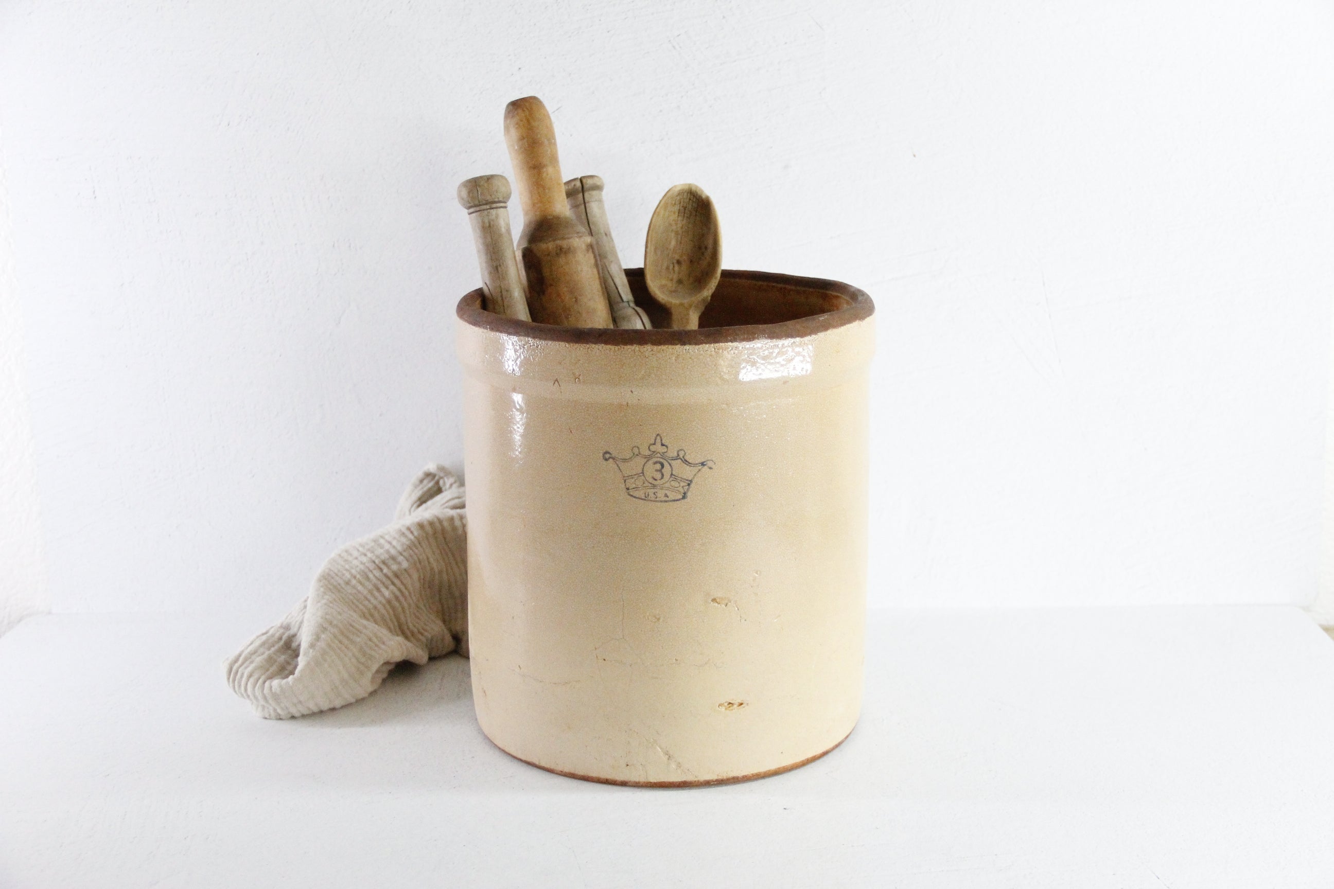 Three Gallon Antique Crock | Primitive Blue Crown Utensil Holder  Debra Hall Lifestyle