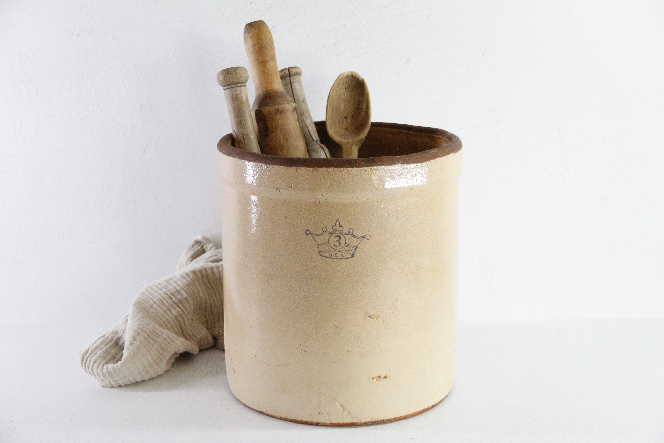 Three Gallon Antique Crock | Primitive Blue Crown Utensil Holder  Debra Hall Lifestyle