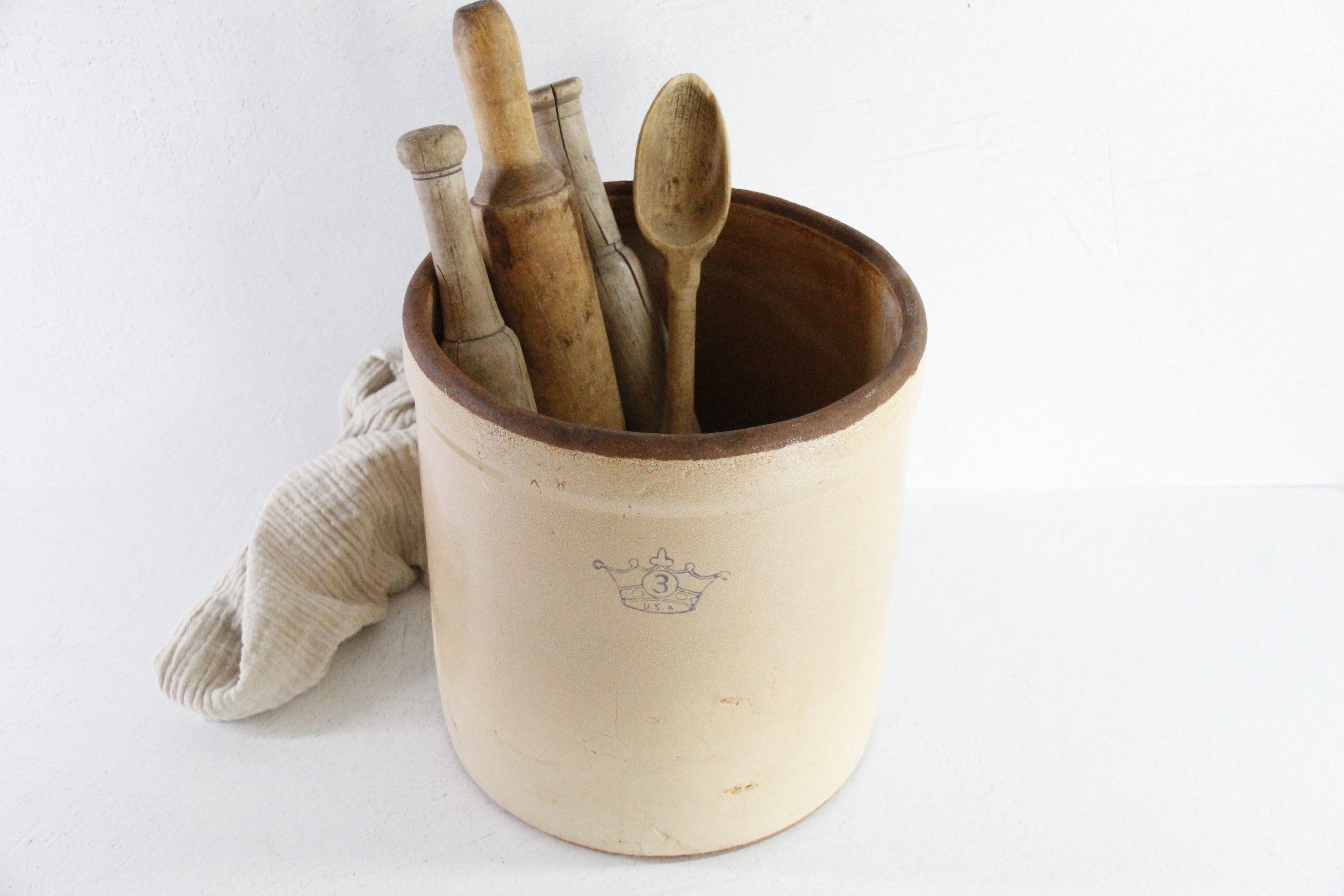 Three Gallon Antique Crock | Primitive Blue Crown Utensil Holder  Debra Hall Lifestyle